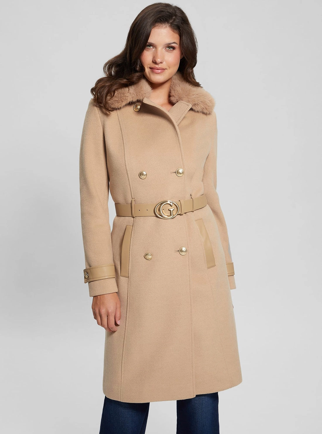 Beige Amelia Belted Coat Convertible Style