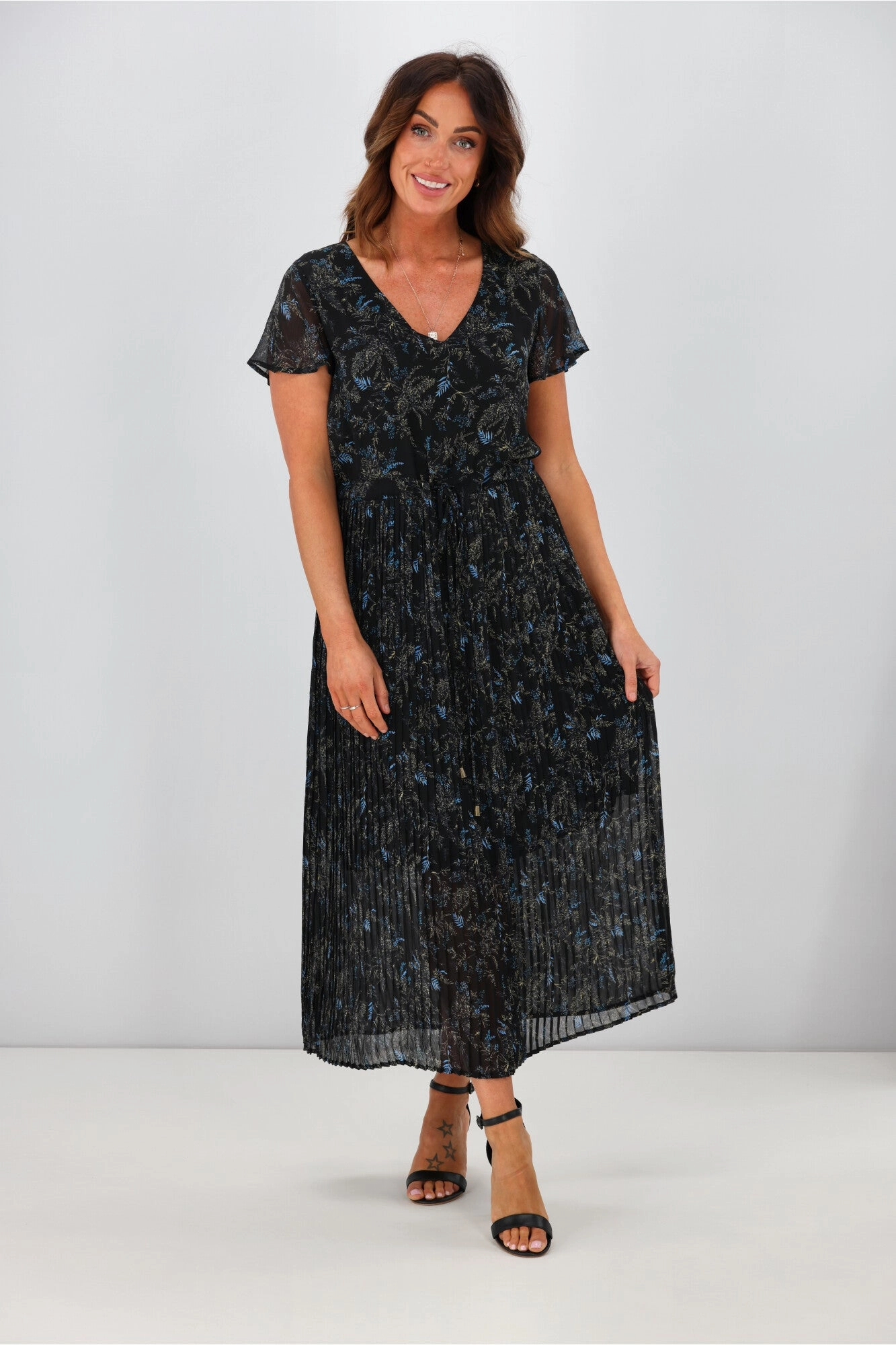 Cloud Light Draped Silhouette Gloss by Shine On Nyla Pleated Dress  Black Fauna Print