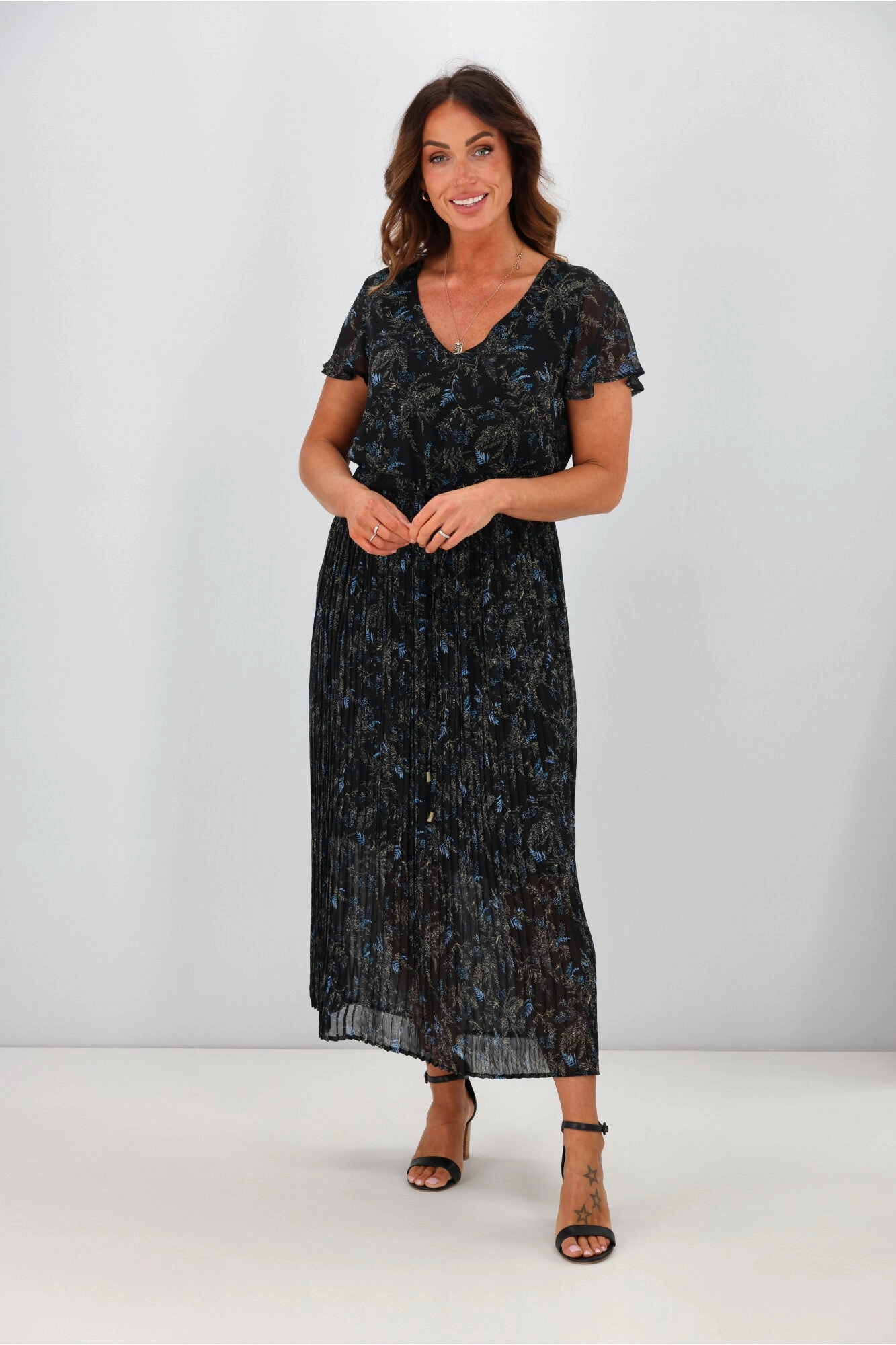 Gloss by Shine On Nyla Pleated Dress  Black Fauna Print Light Fit