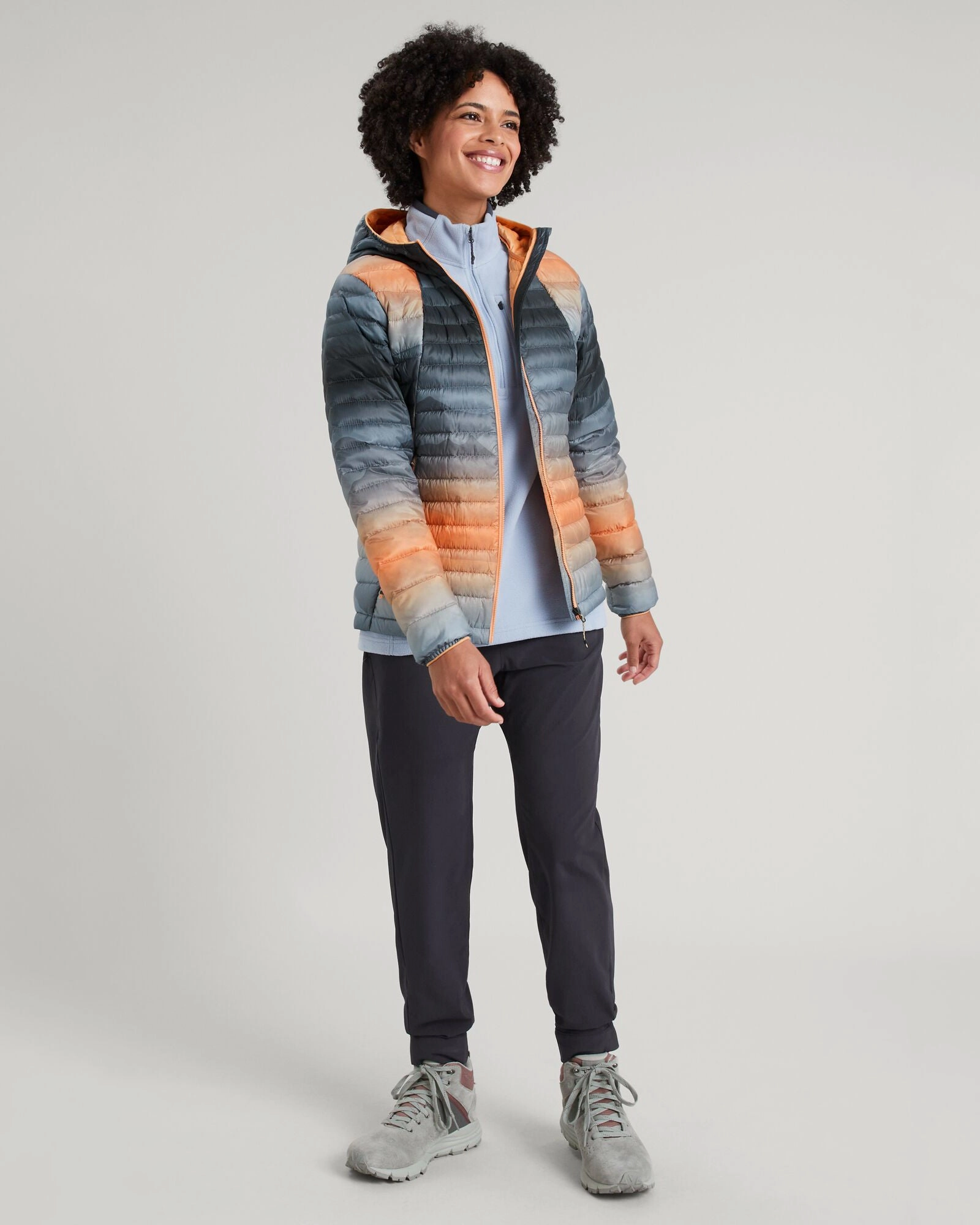 Stand Collar Women's Heli R Hooded Down Jacket - Lolly/Night Misty Mountains Print