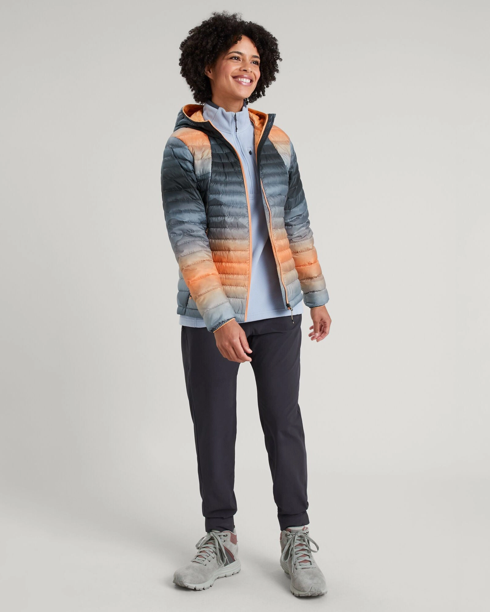 Women's Heli R Hooded Down Jacket - Lolly/Night Misty Mountains Print AntiStatic Inner Layer All Weather Protection