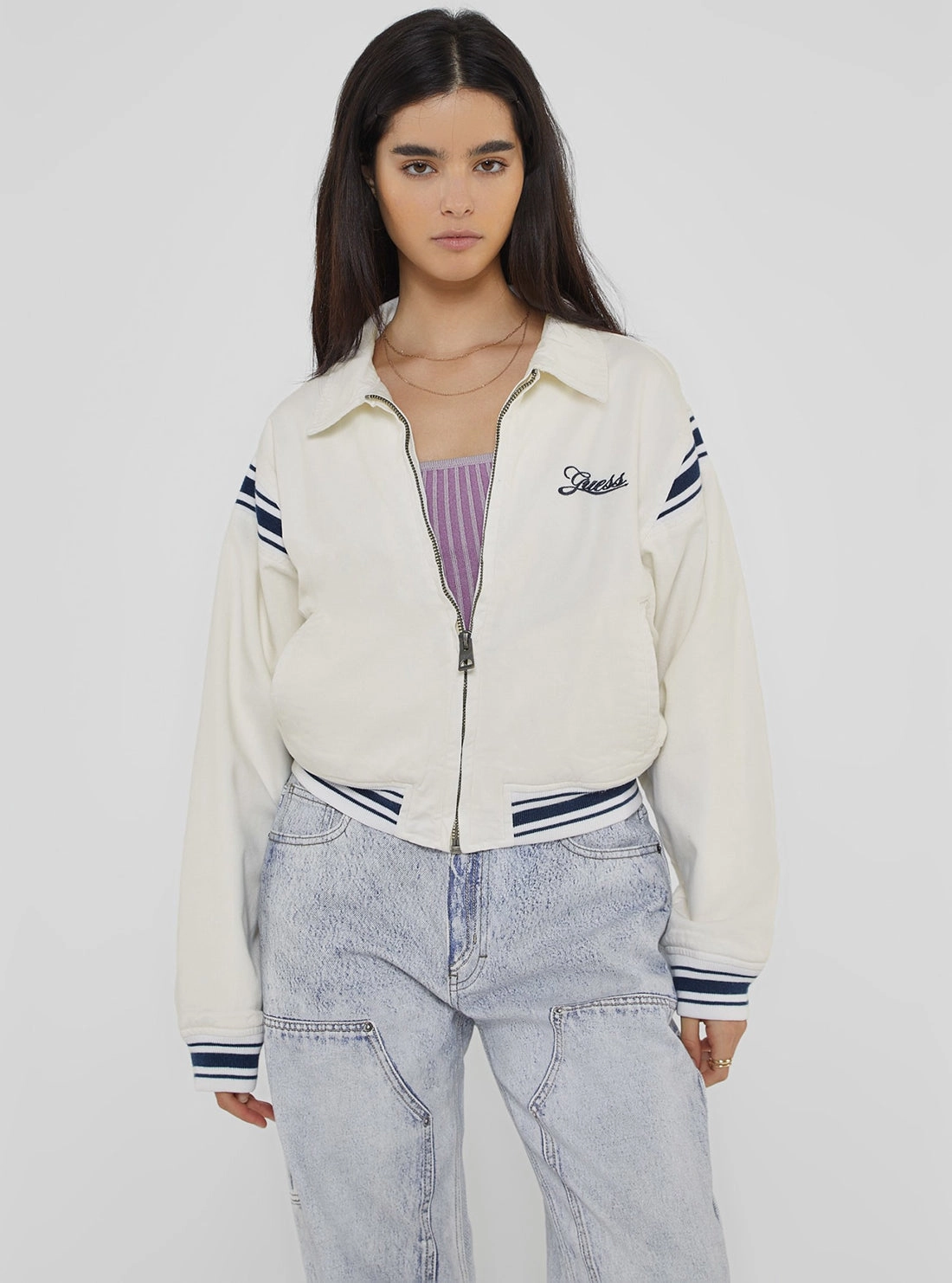 Guess Originals White Cropped Jacket Classic Ribbed Cuffs