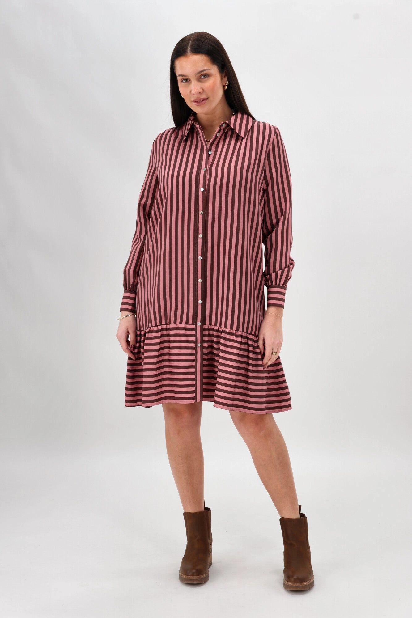 Shine On Label Waylon Hem Tier Print Dress Pink  Chocolate Stripe Natural Wrap MultiPurposePockets