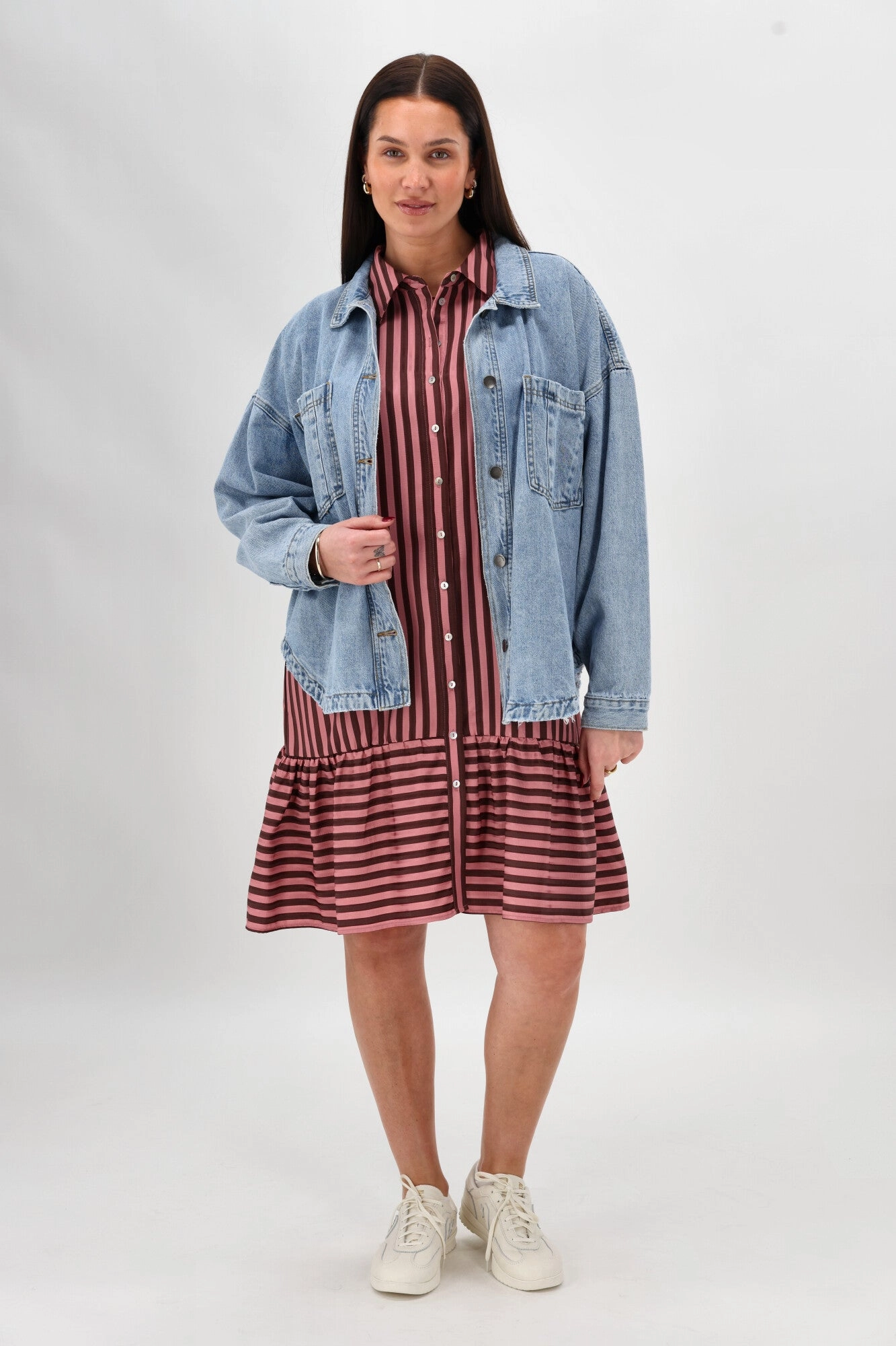 Shine On Label Waylon Hem Tier Print Dress Pink  Chocolate Stripe Chic Rhythm