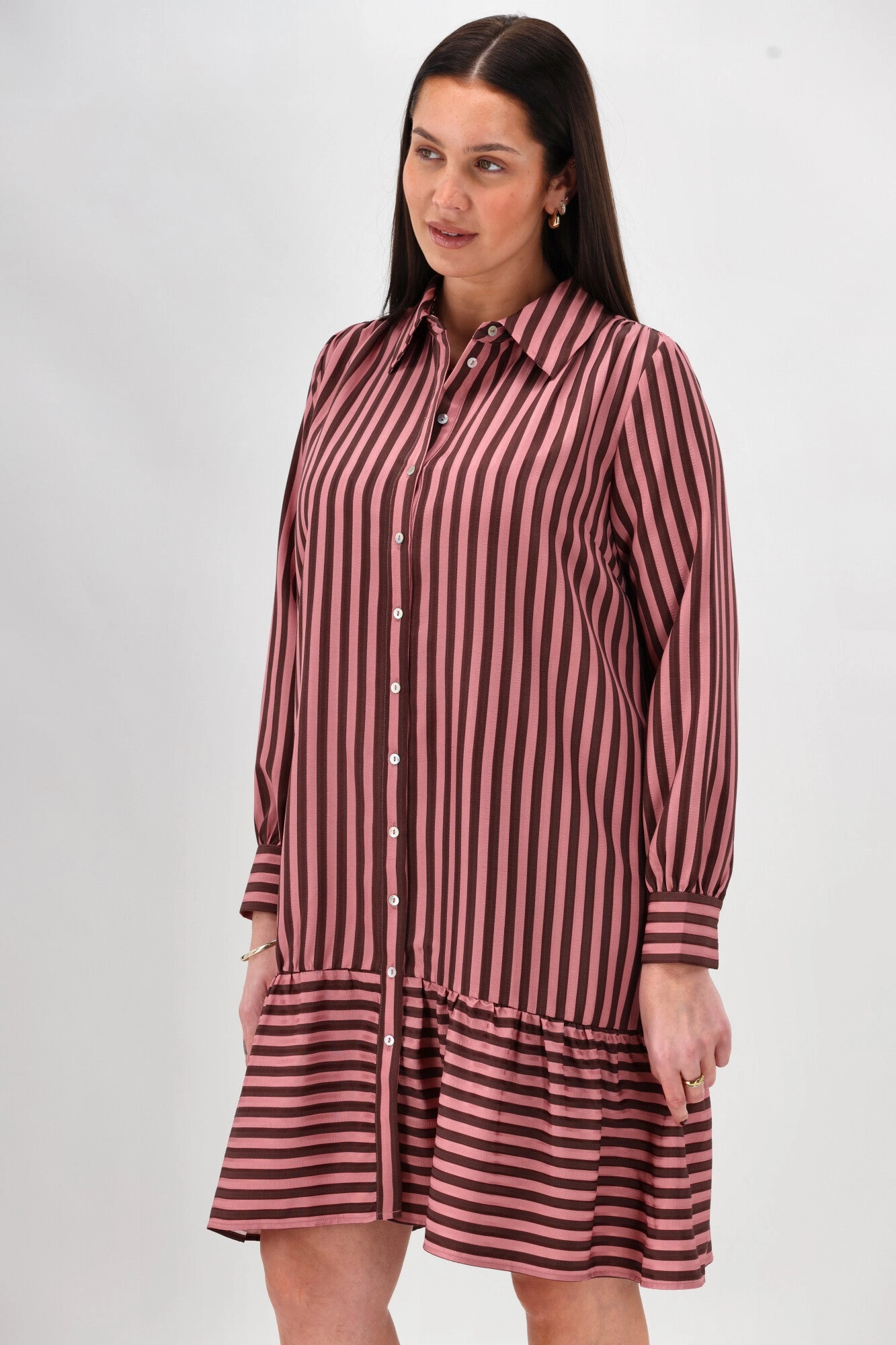 Simple Spirit Shine On Label Waylon Hem Tier Print Dress Pink  Chocolate Stripe