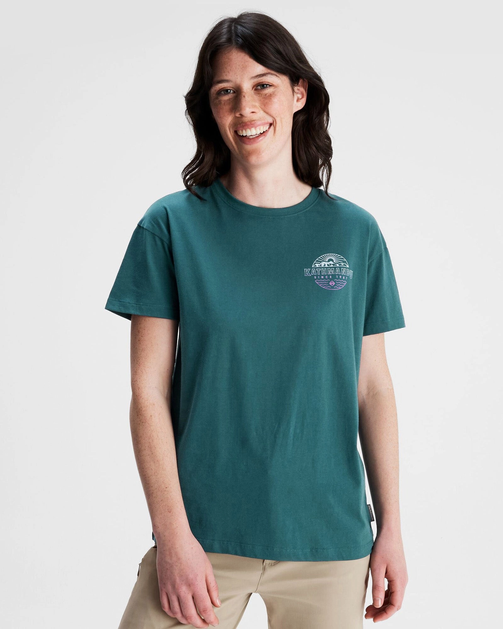 Bonded Seam Technique Women's Kathmandu Logo Faded Organic Cotton T-shirt - Deep Lagoon