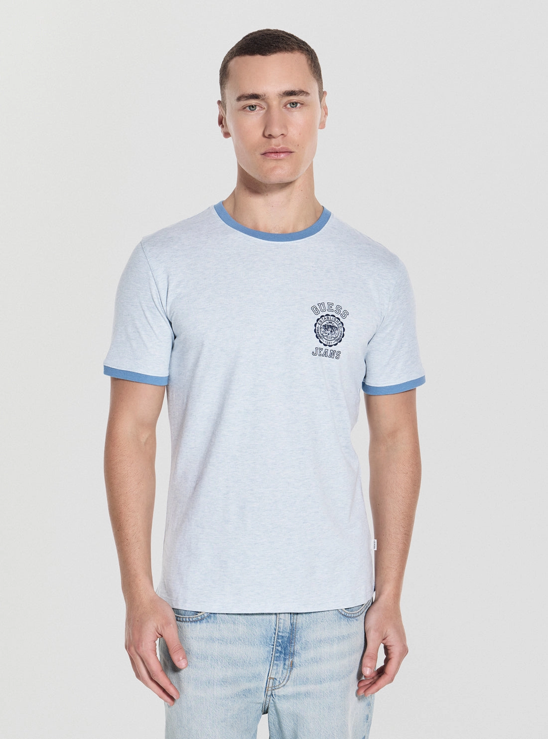 Ribbed Collar Style Guess Jeans Eco Blue Slim Stamp Heather T-Shirt