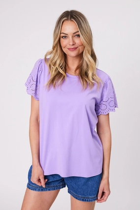 slim fit Non Shrink Material Shine On Label Alicent Broderie Flutter Tee Lilac