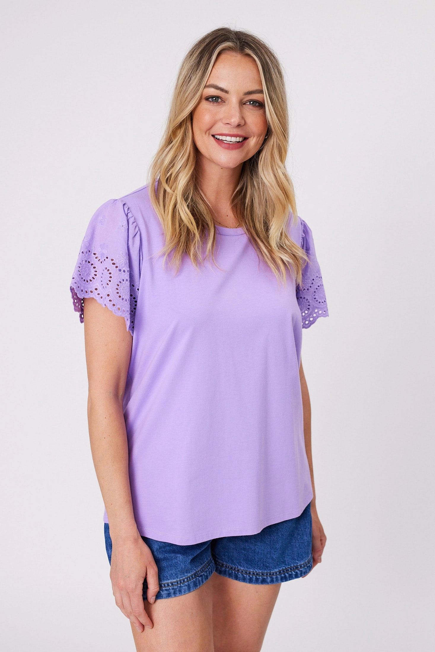 Shine On Label Alicent Broderie Flutter Tee Lilac MultipurposeUse Versatile Outfit