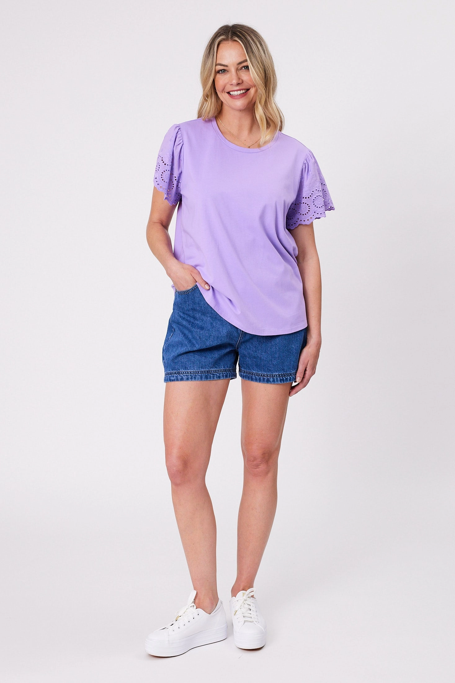 Short Sleeve Quick Dry Performance Shine On Label Alicent Broderie Flutter Tee Lilac