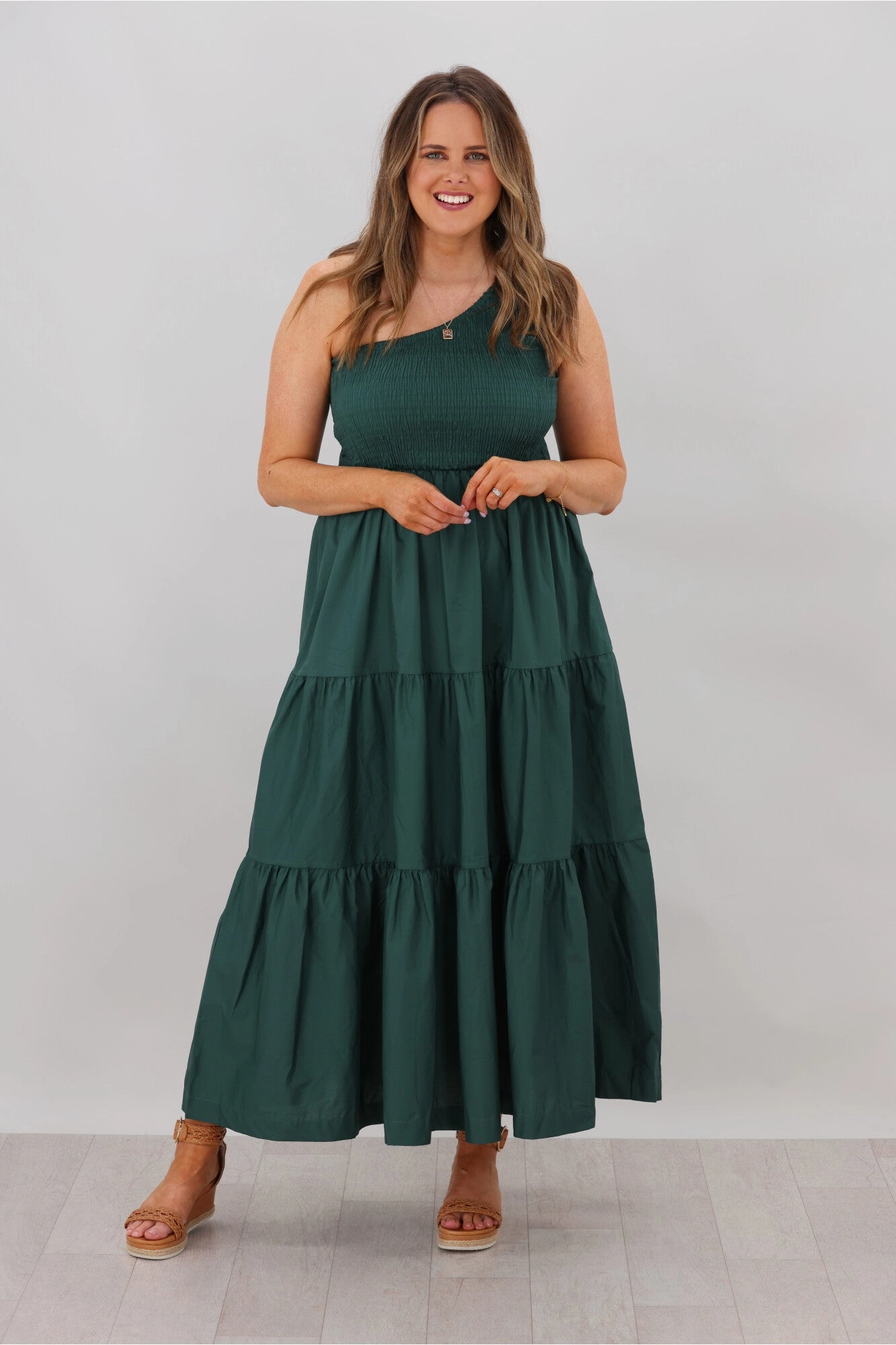 Bright Accent Quiet Luxury Natural Bay Opal One Shoulder Dress Teal