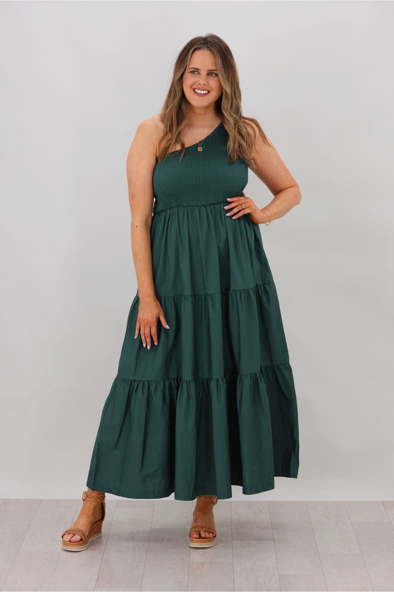 Natural Bay Opal One Shoulder Dress Teal Zip Closure