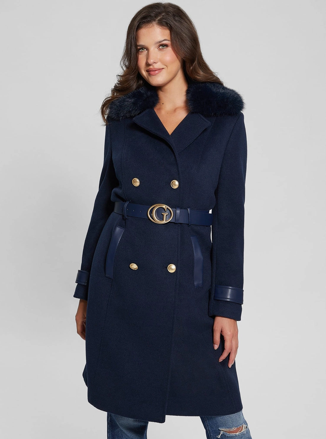 Navy Amelia Belted Coat Anti Static Inner Layer