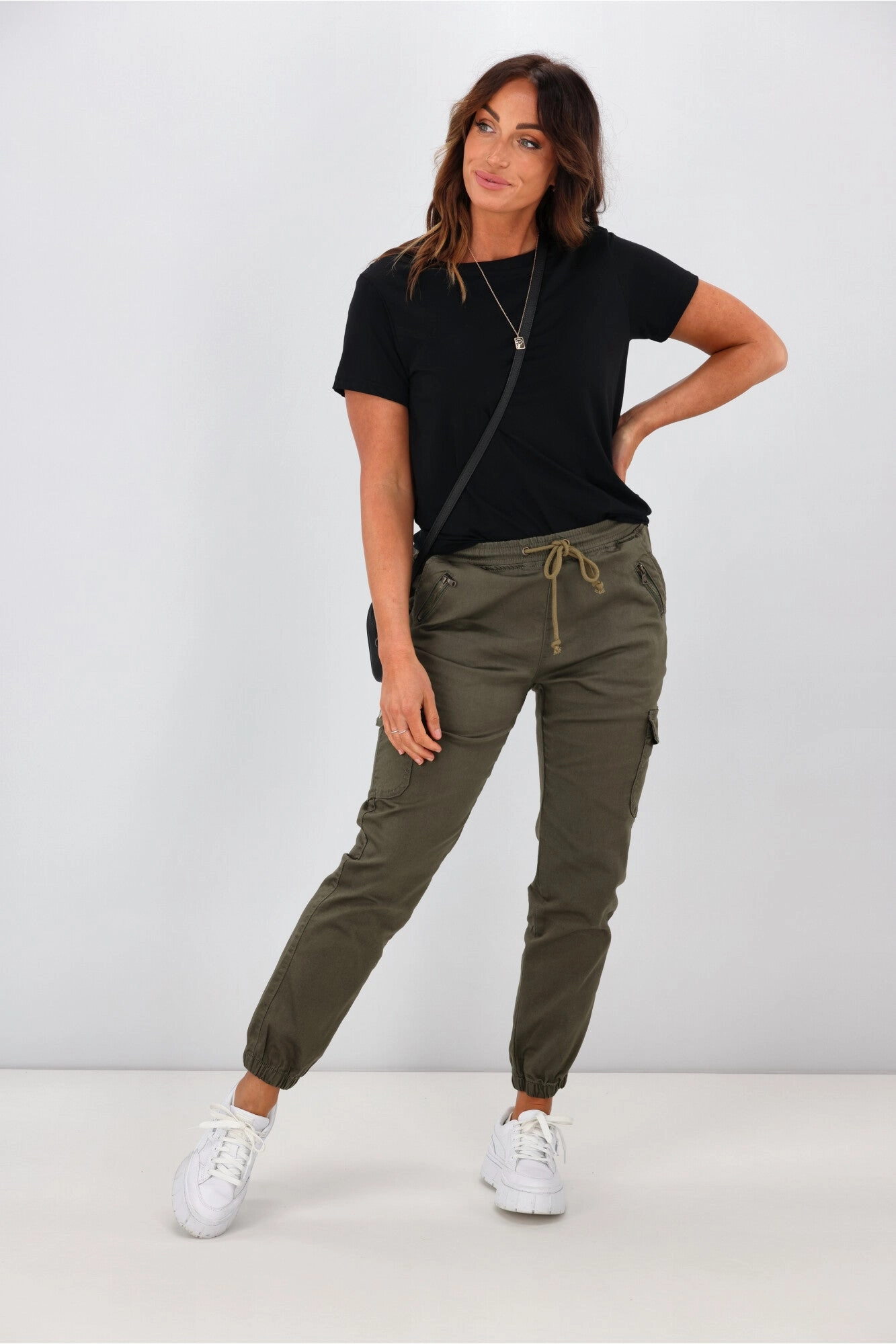 Wakee Denim Lucy Cargo Jean Khaki Comfort Fit Stretch Secure Pocket Seams