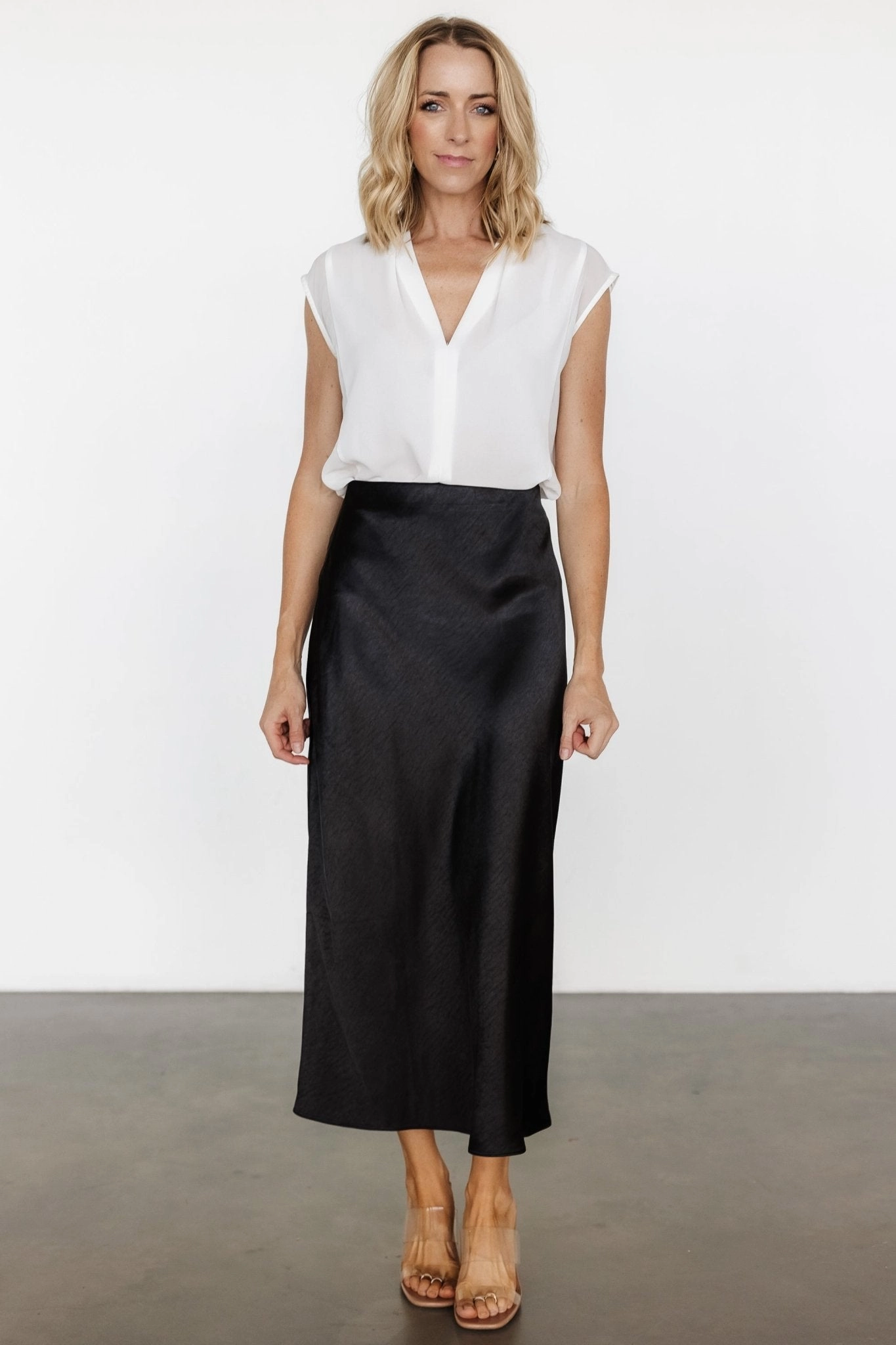 Celeste Satin Midi Skirt | Black Silk Touch