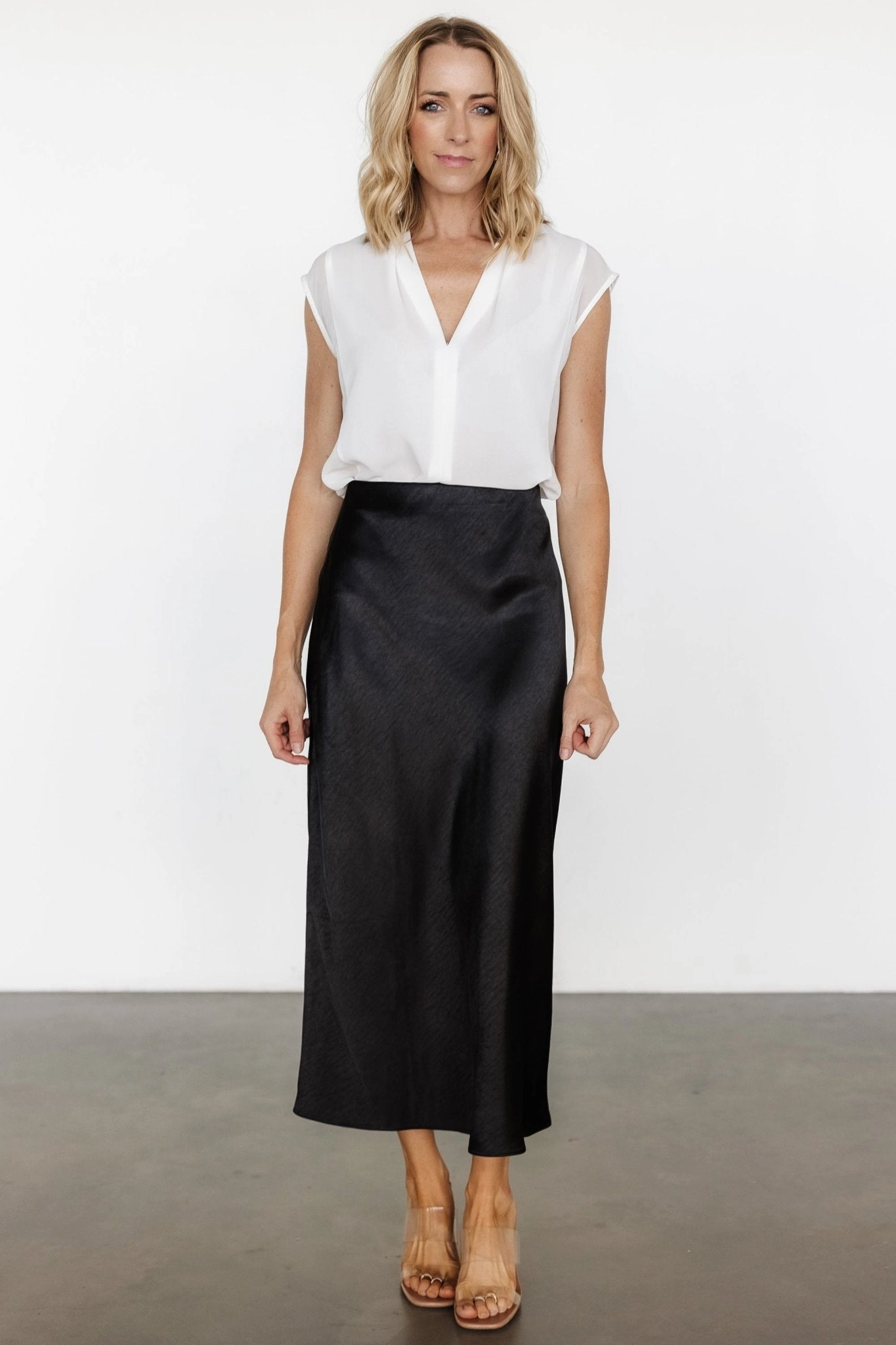 Celeste Satin Midi Skirt | Black Lightweight Fabric