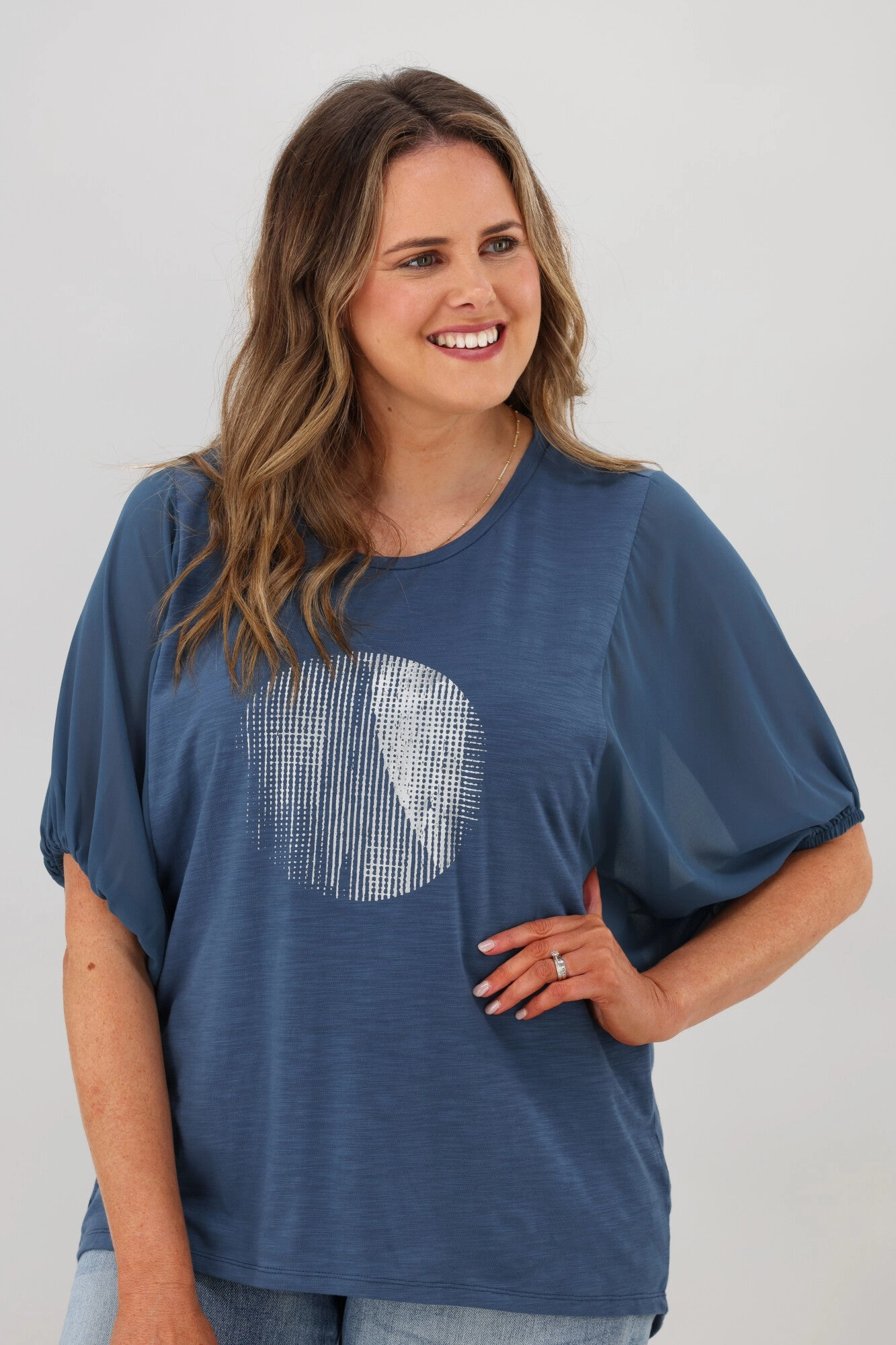 Chill Comfort Look Shine On Label Tahlia Chiffon Sleeve Top Steel Blue w Circle Print