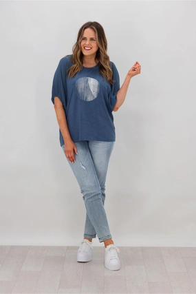 Trendy popularity Daily Outfit Style Shine On Label Tahlia Chiffon Sleeve Top Steel Blue w Circle Print