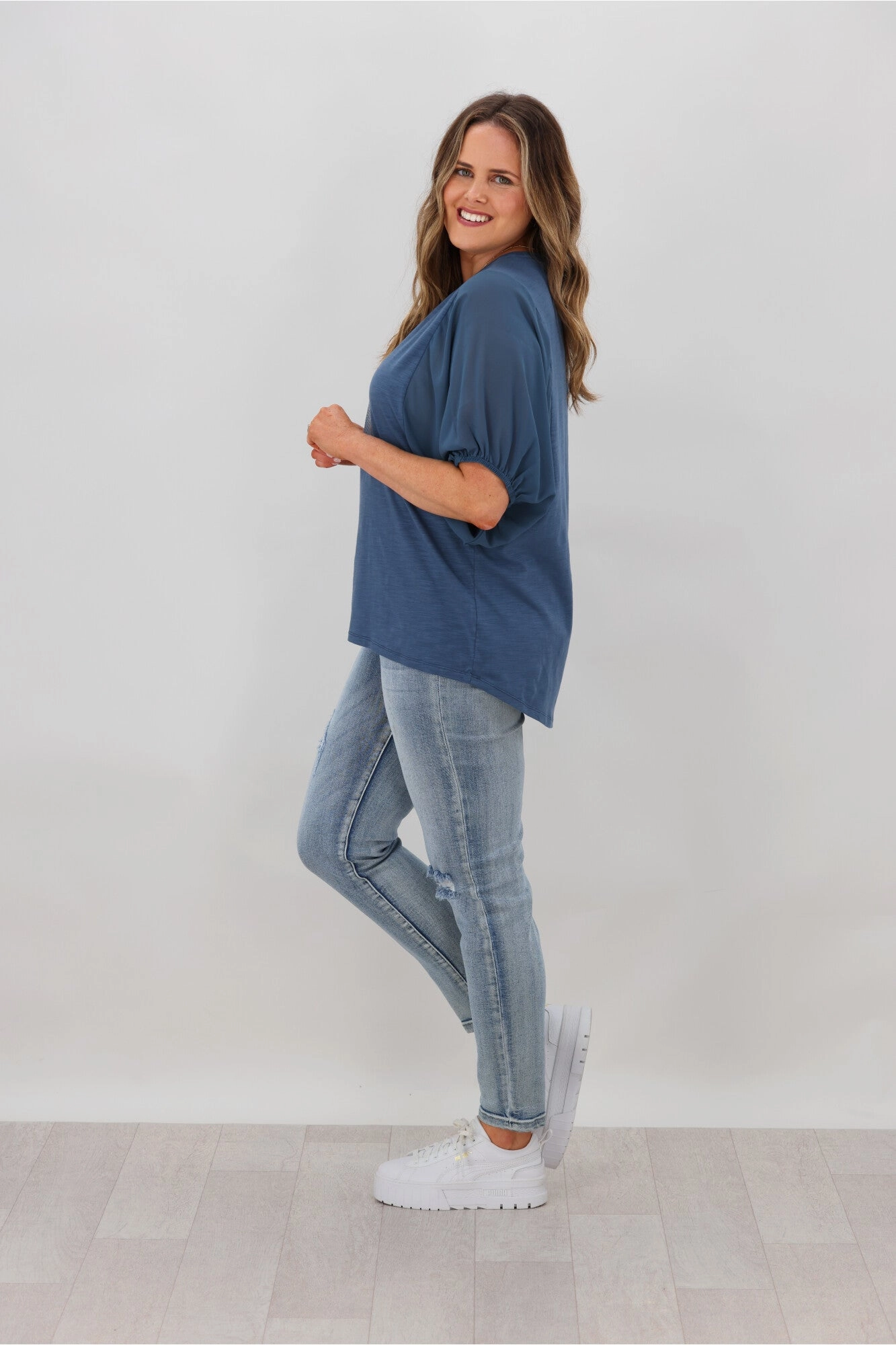 Shine On Label Tahlia Chiffon Sleeve Top Steel Blue w Circle Print Versatile and Stylish Linen blend