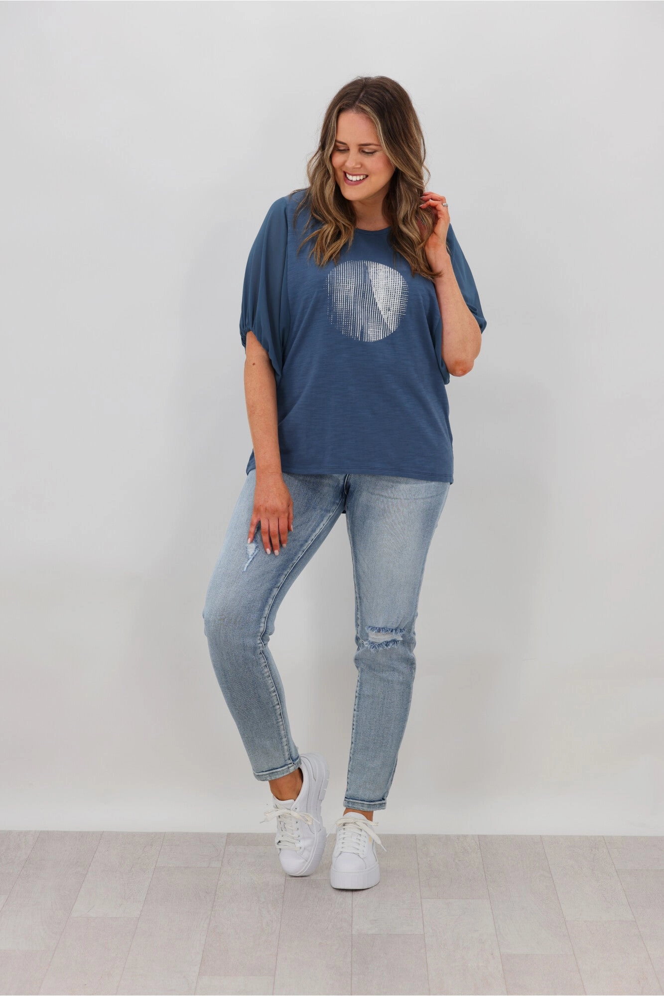 Pilling Resistant Finish Layered Style Shine On Label Tahlia Chiffon Sleeve Top Steel Blue w Circle Print