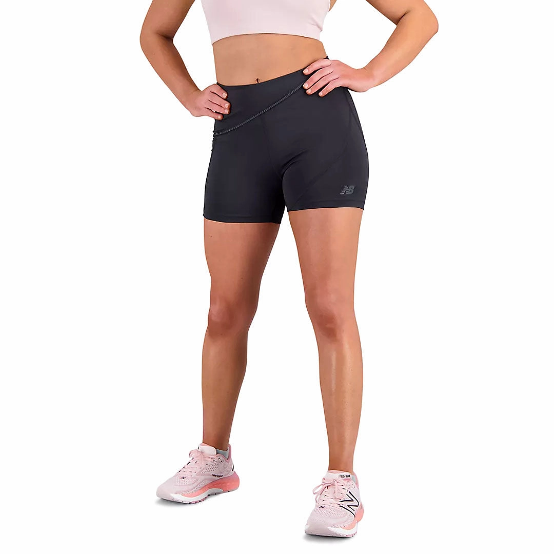 AdjustableWaistband MoistureWickingLining New Balance - Women's Q Speed Shape Shield 4" Shorts (WS31289 BK)