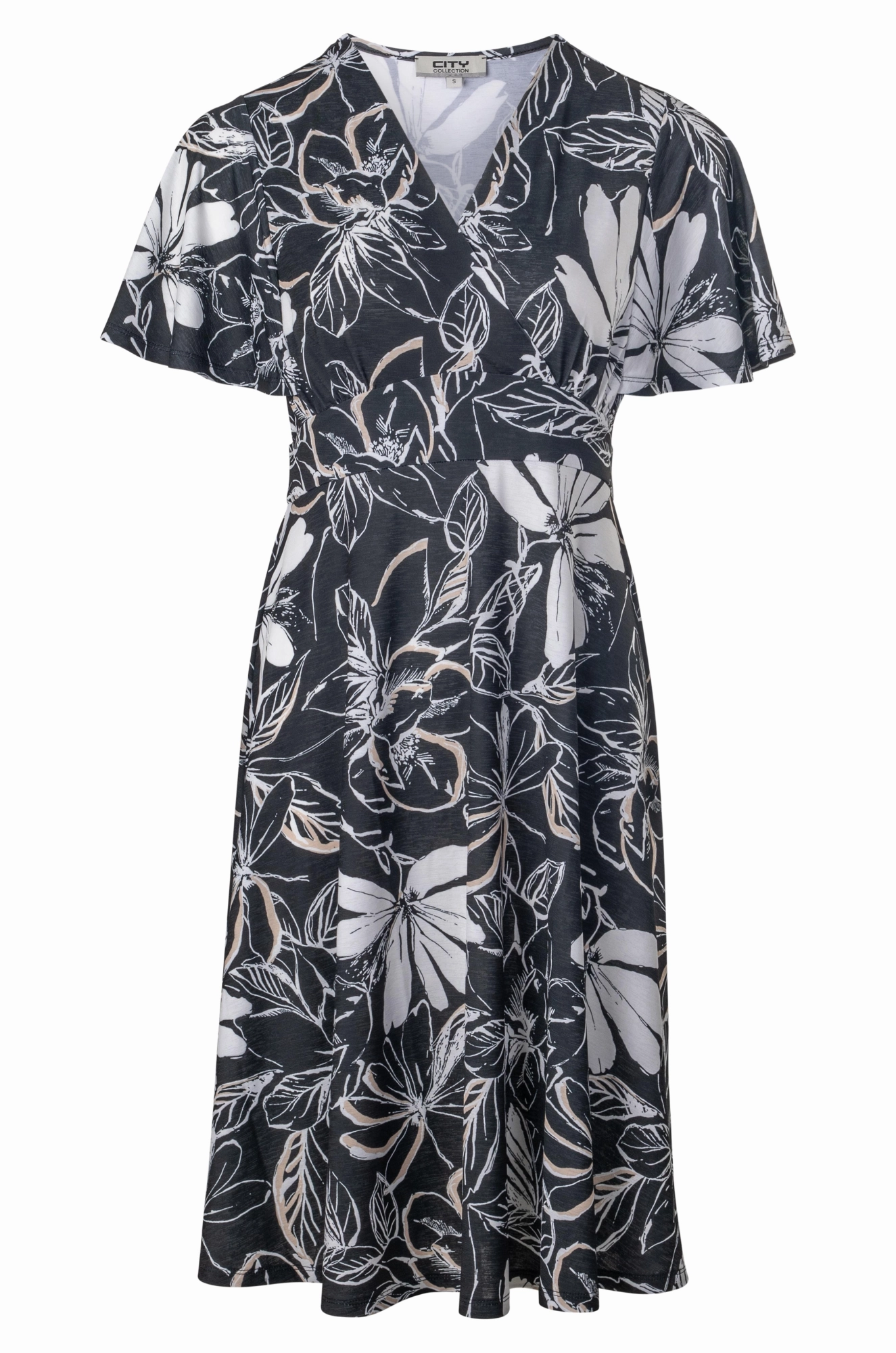 Heritage-Brand Soft Cut V neck crossover Dress | Black Natural Sketch | 7433A1