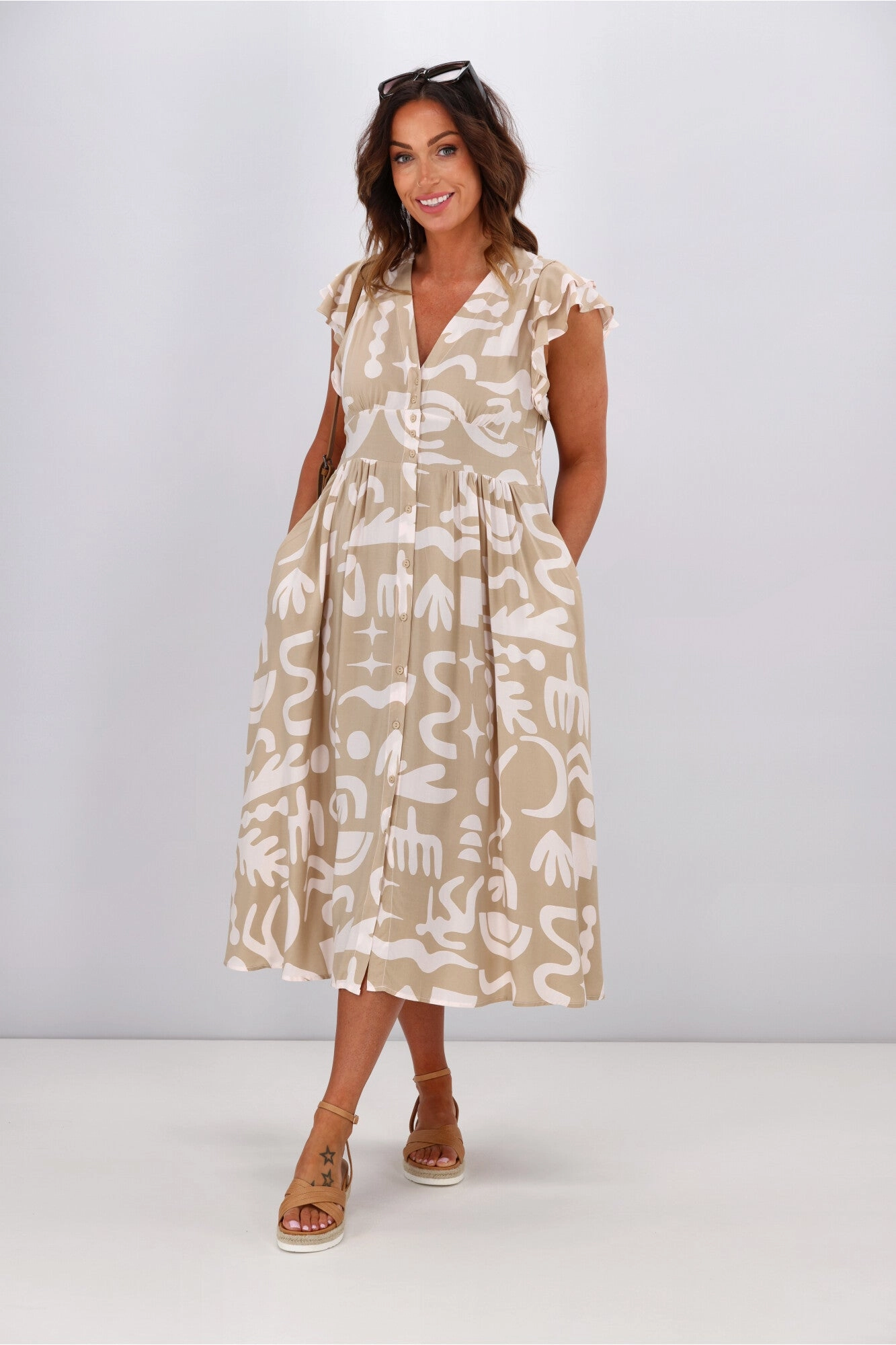 New U Collection Carmen V Neck Dress Beige Print Lightweight Layer