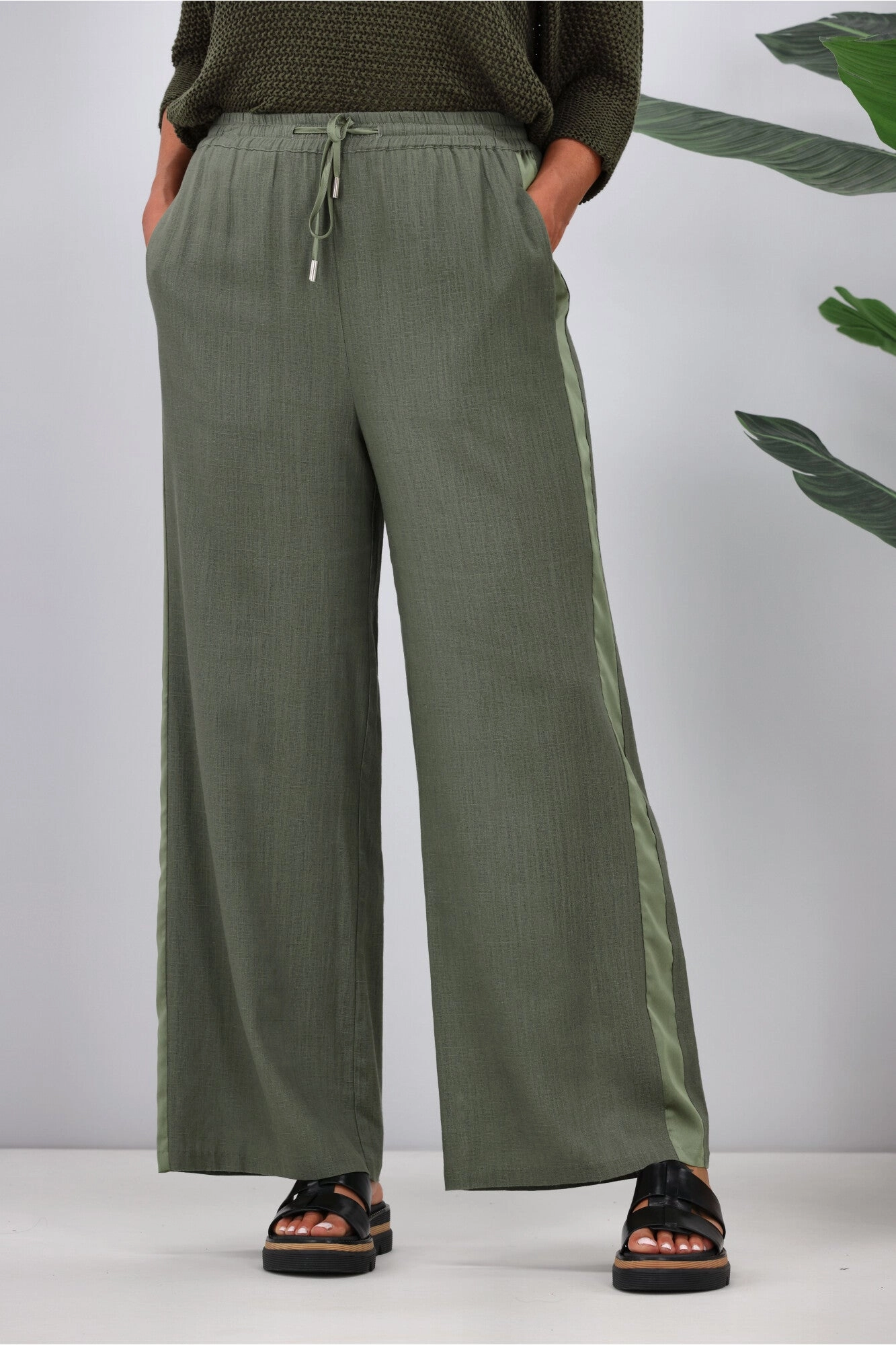Jane James Renee Linen Look Pant With Satin Stripe Sage Thermal Warm Morning Jog