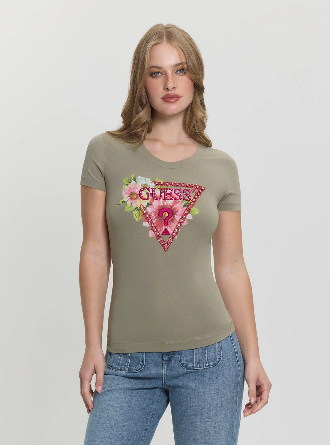 PreShrunkFabric Fashionable Look Green Triangle Logo Beads T-Shirt