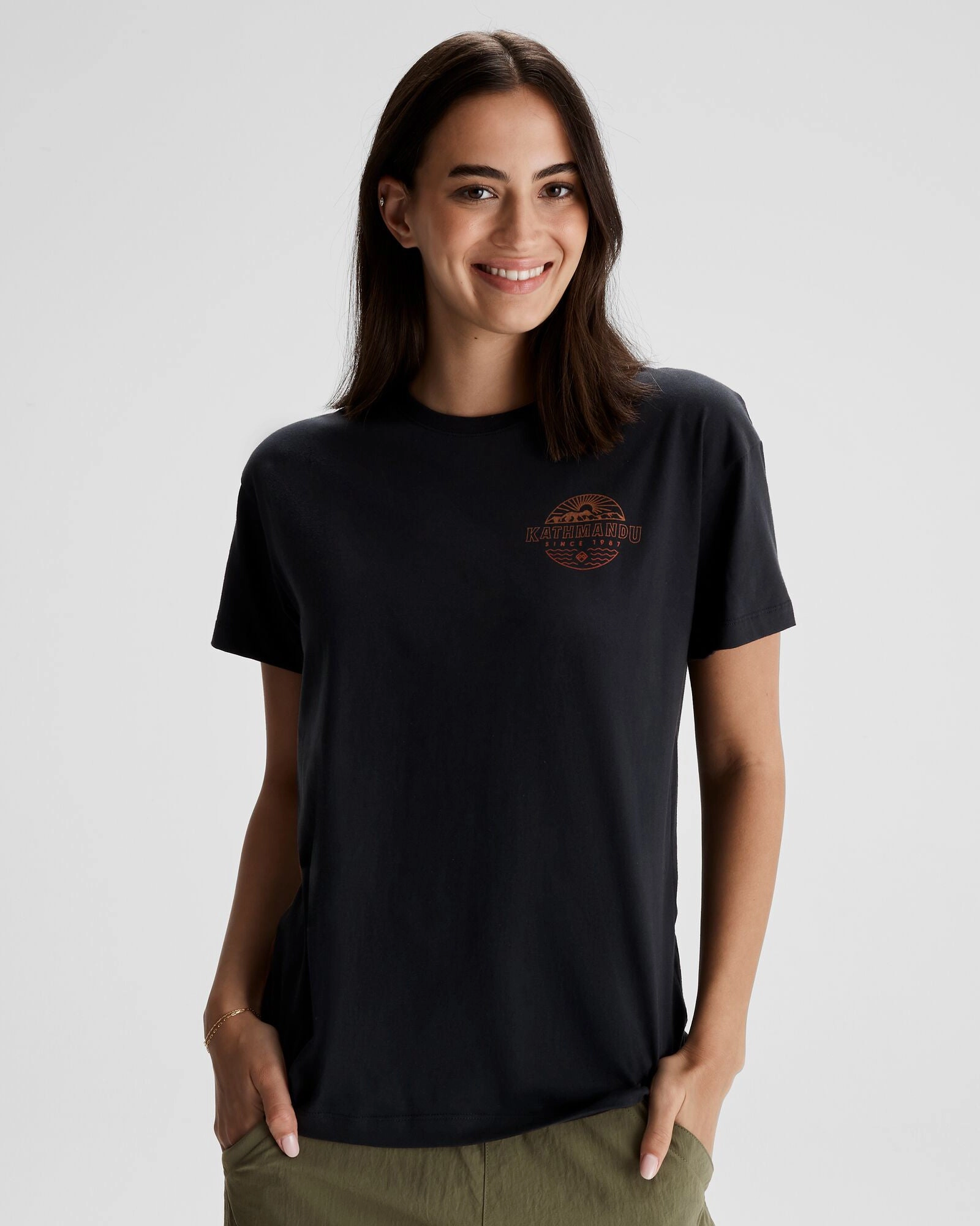 Women's Kathmandu Logo Faded Organic Cotton T-shirt - Black Flexible Knit Blend