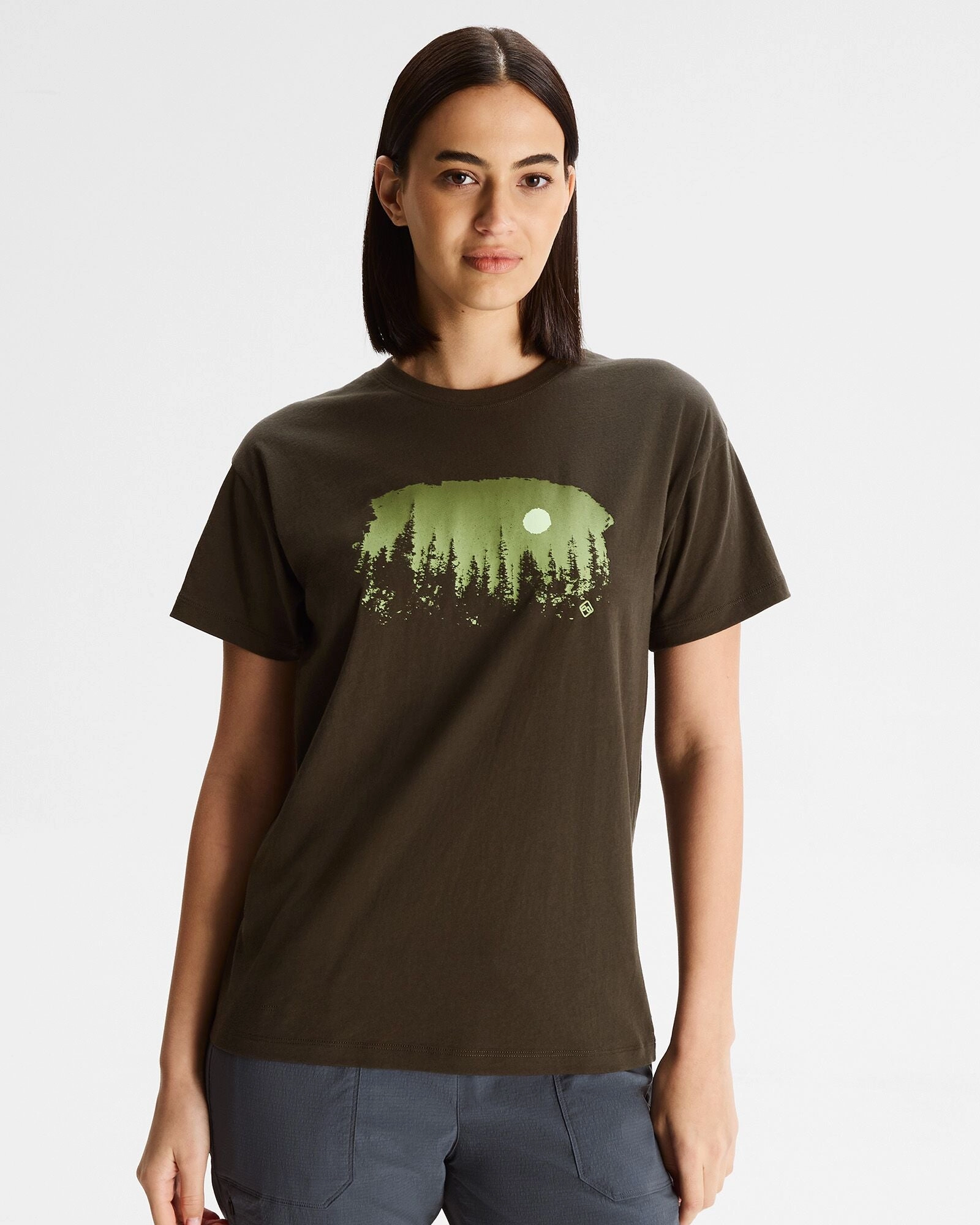 Stretch Fit Engineering SublimatedPrint Women's Tree Line Organic Cotton T-shirt - Dark Moss