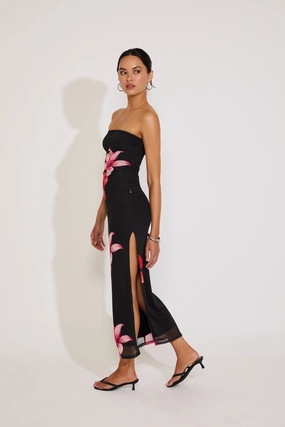 ORCHID PRINT OVERLAY STRAPLESS MIDI DRESS Slim Form