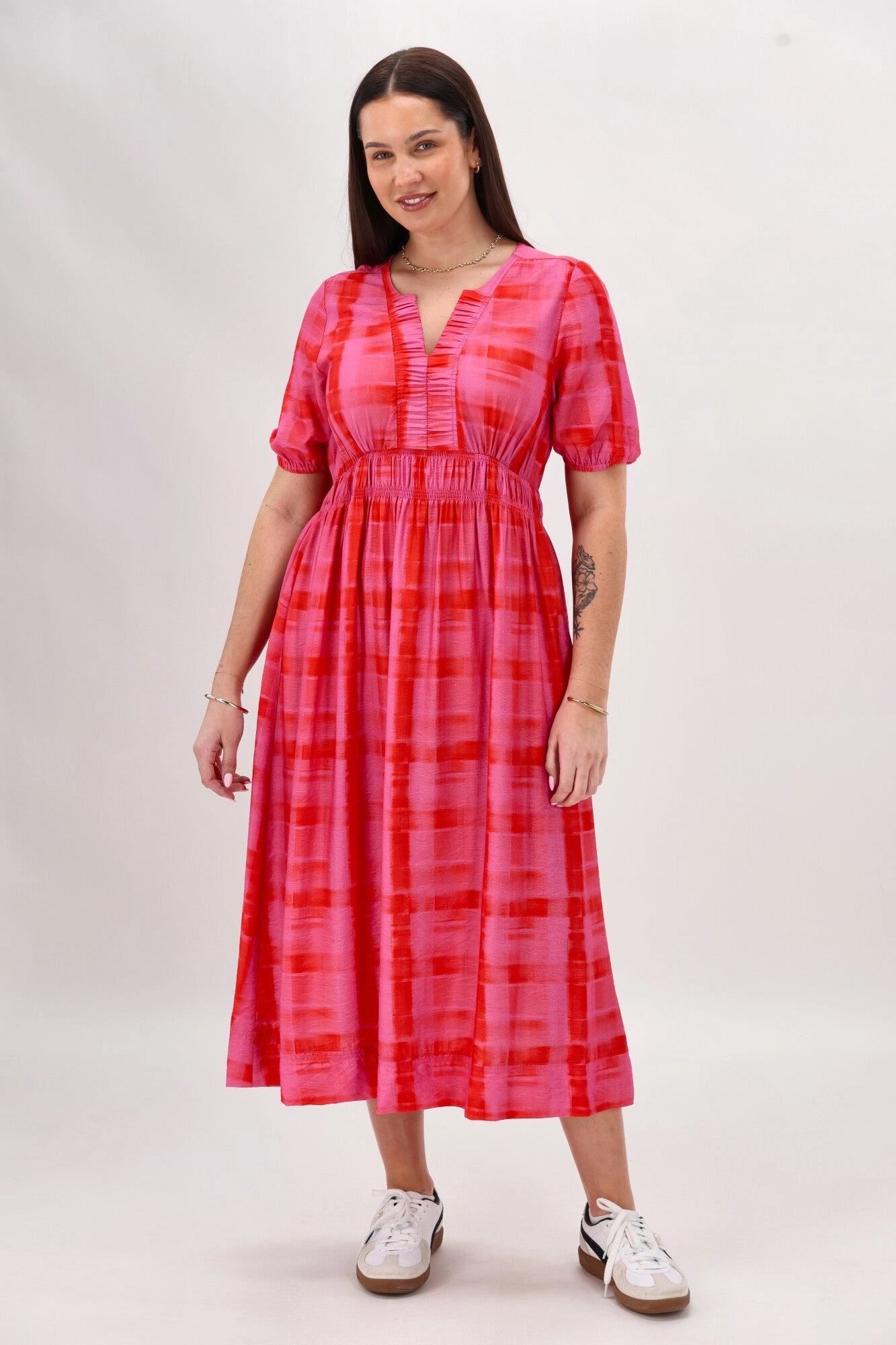 MoistureWickingTechnology Gloss The Label Caughey Gather V Neck Detail Dress Pink Red Check