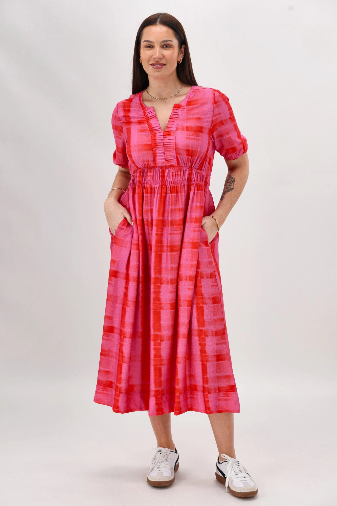 Casual Comfort Wear Moment Light Gloss The Label Caughey Gather V Neck Detail Dress Pink Red Check