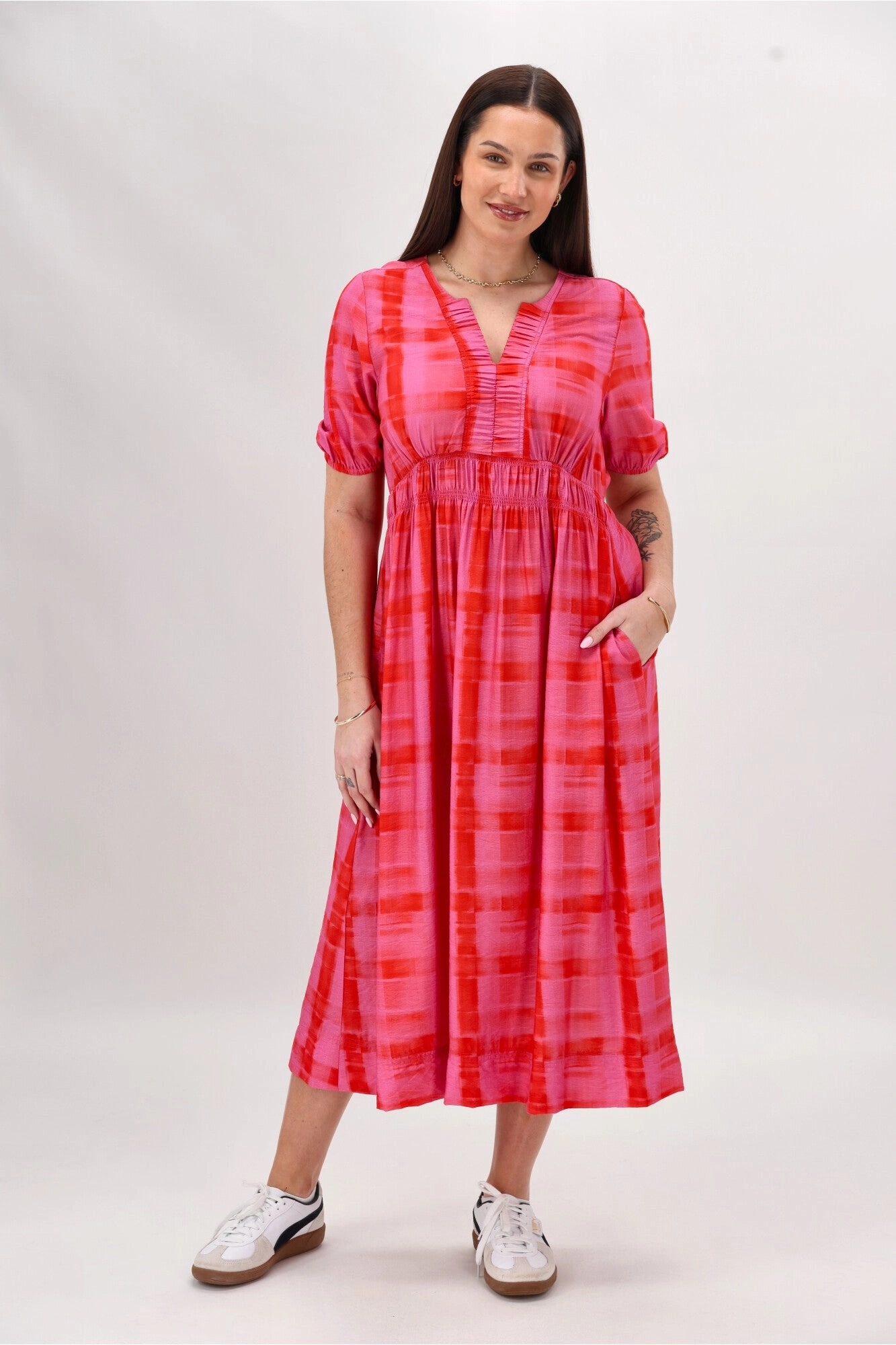 Gloss The Label Caughey Gather V Neck Detail Dress Pink Red Check Fresh Palette