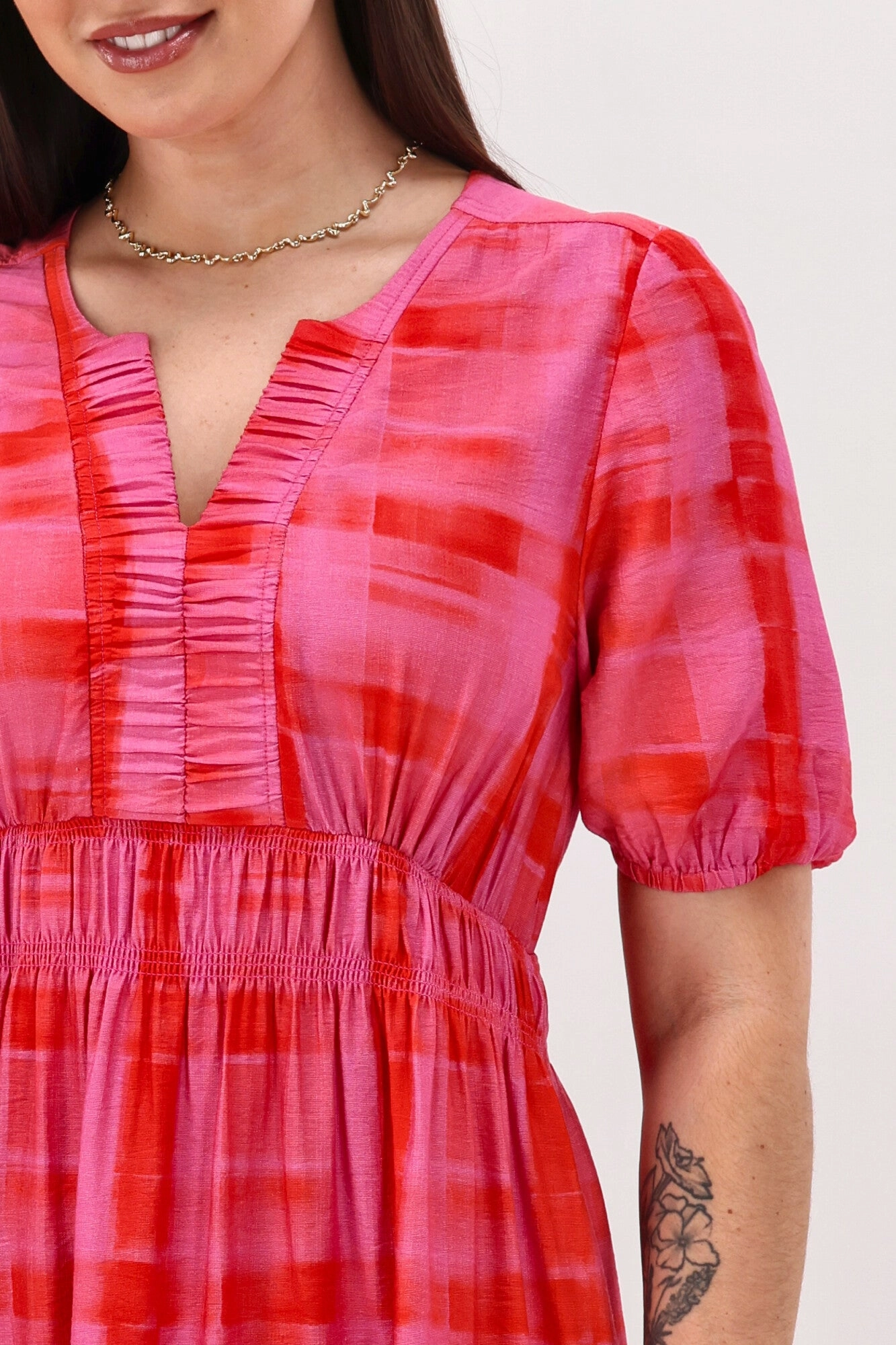Smooth Look Fine Details Gloss The Label Caughey Gather V Neck Detail Dress Pink Red Check