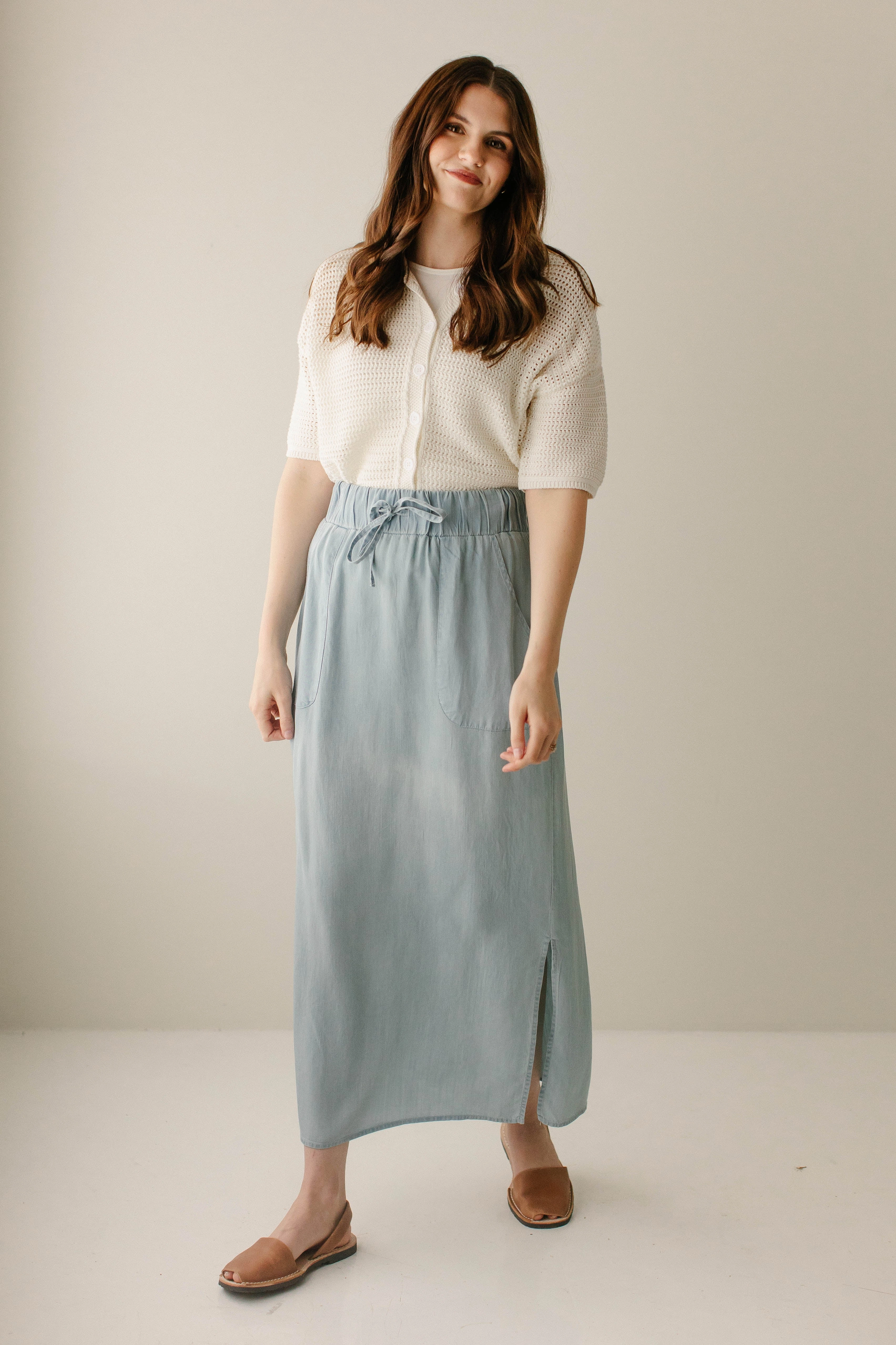 'Winslet' Chambray Maxi Skirt in Light Wash Fashion Details