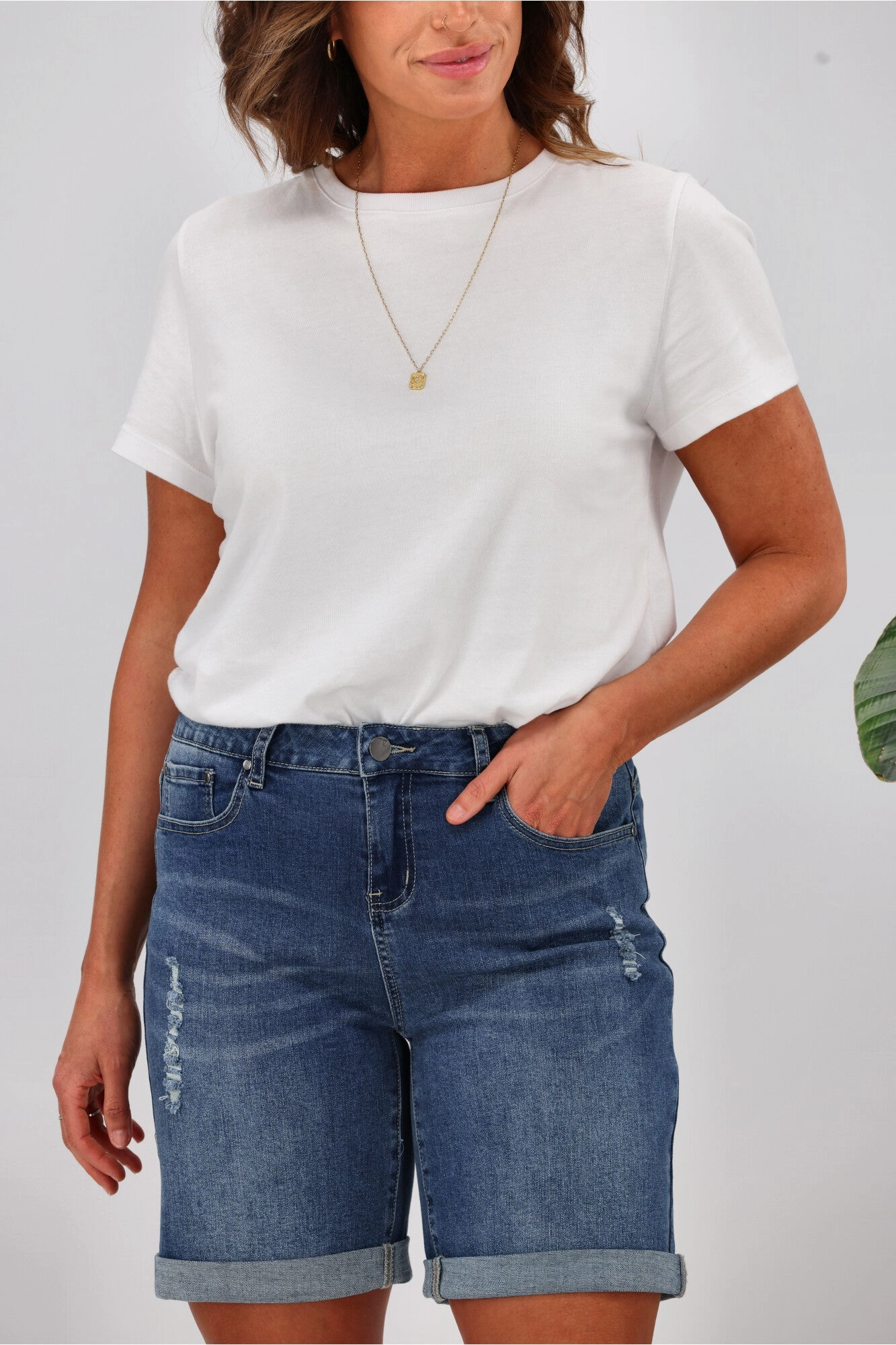 Shine On Label Boyfriend Shorts Indigo Blue checked shorts Low Bulk Waistband