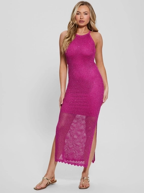 Street Style Pink Lana Mesh Stitch Midi Dress