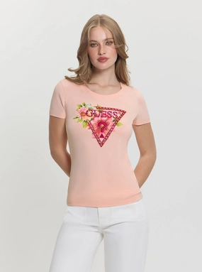 Simple Pullover Pink Triangle Logo Beads T-Shirt