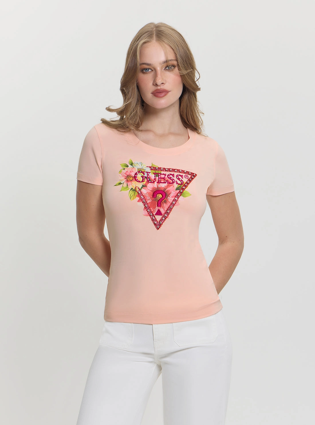 SleevelessOption Pink Triangle Logo Beads T-Shirt