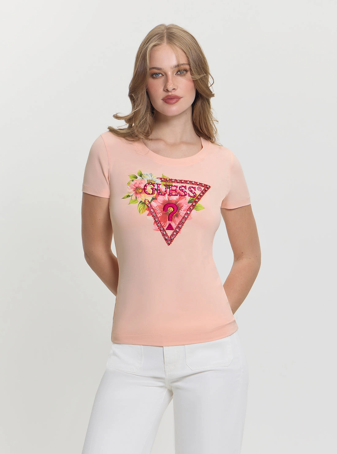 Compact TravelFriendly Design Stretch Woven Material Pink Triangle Logo Beads T-Shirt
