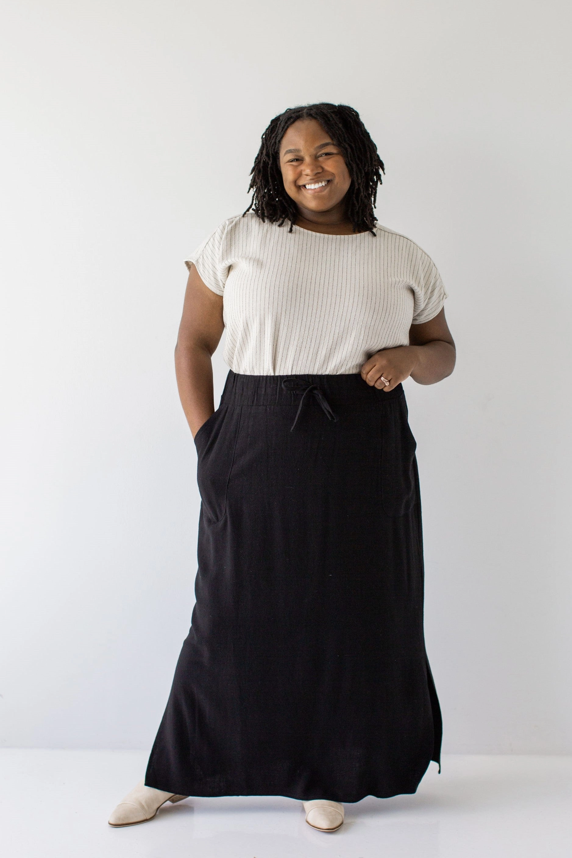 'Winslet' Waist Tie Maxi Skirt in Black FINAL SALE Soft Finish Print Mix