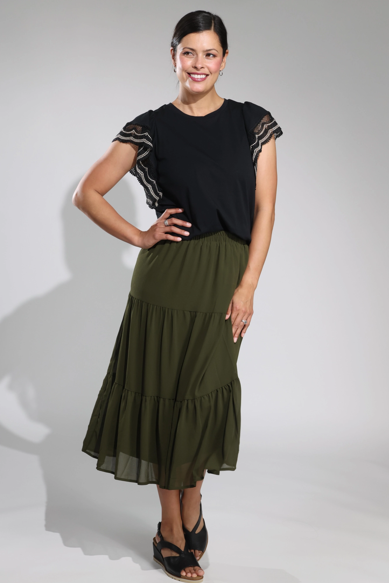 Lined plain Chiffon Skirt | OLIVE | 8543A1 tech fabric investment piece