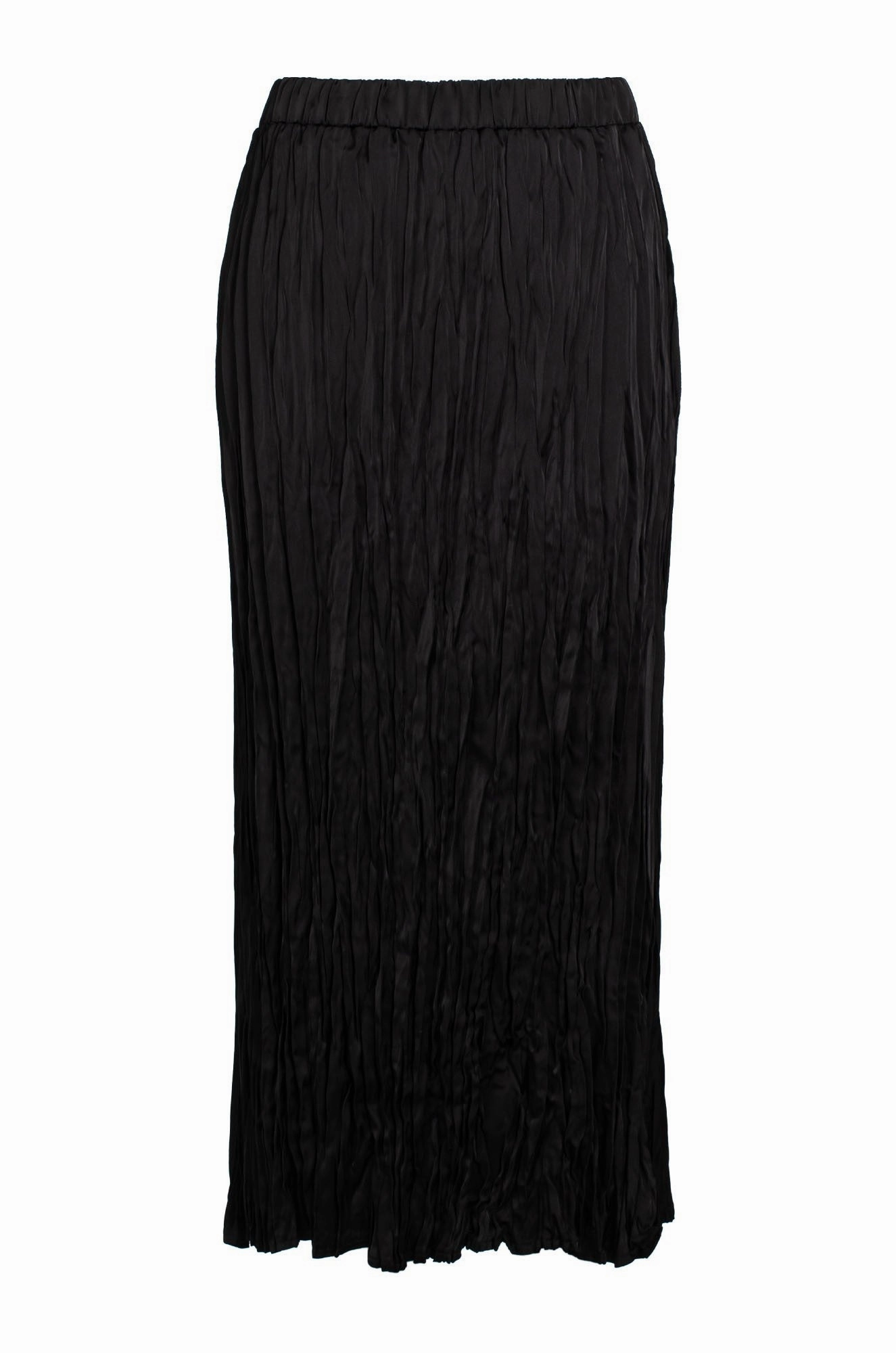 Pleated Satin Maxi Skirt | Black | 4493C1 Front Slit