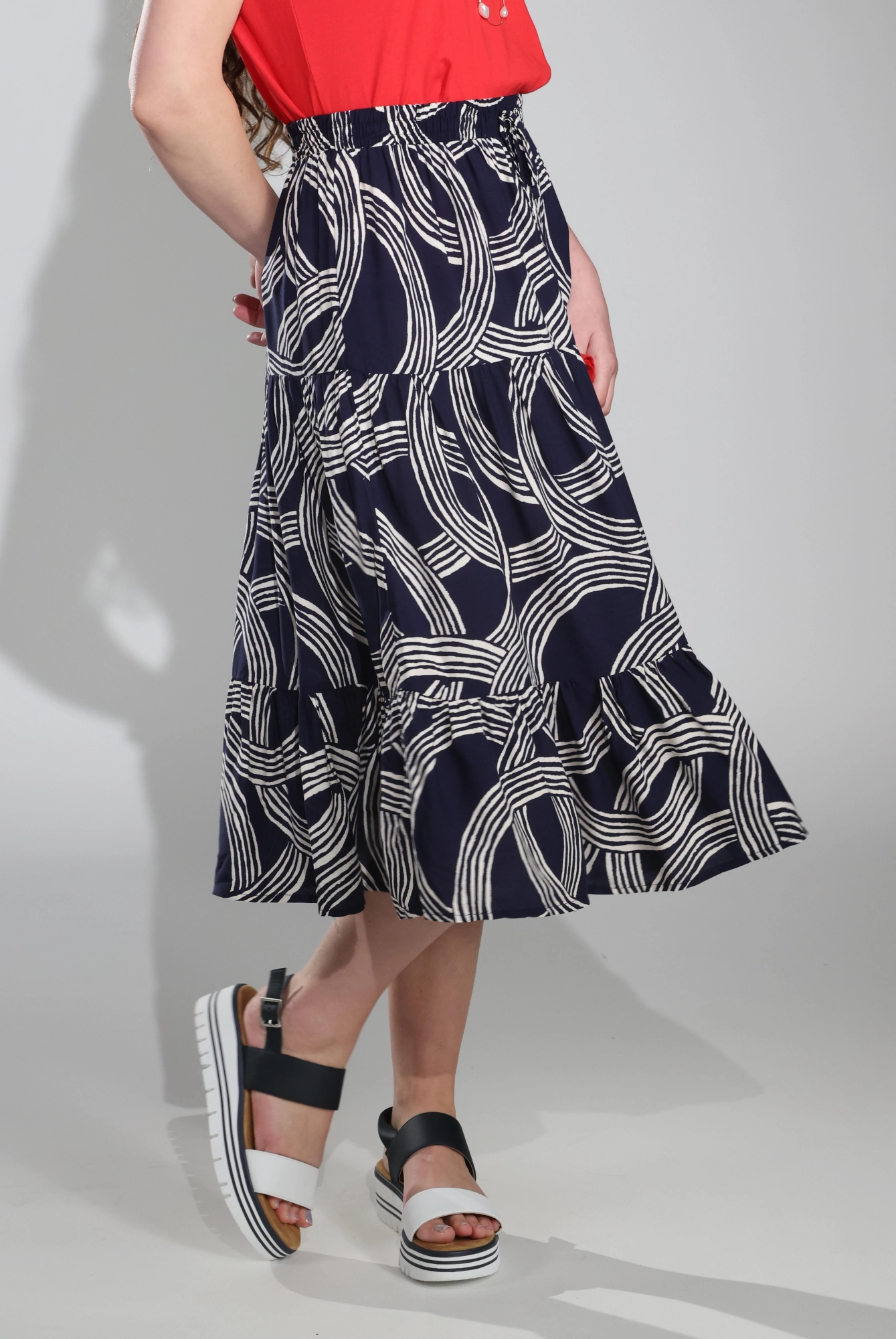 Skirt | Navy Ivory Circles | 3367C1 Fold Over Detail Stylish Vibe