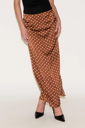 A Line Cut POLKA DOT PRINT RUCHED SATIN MAXI SKIRT