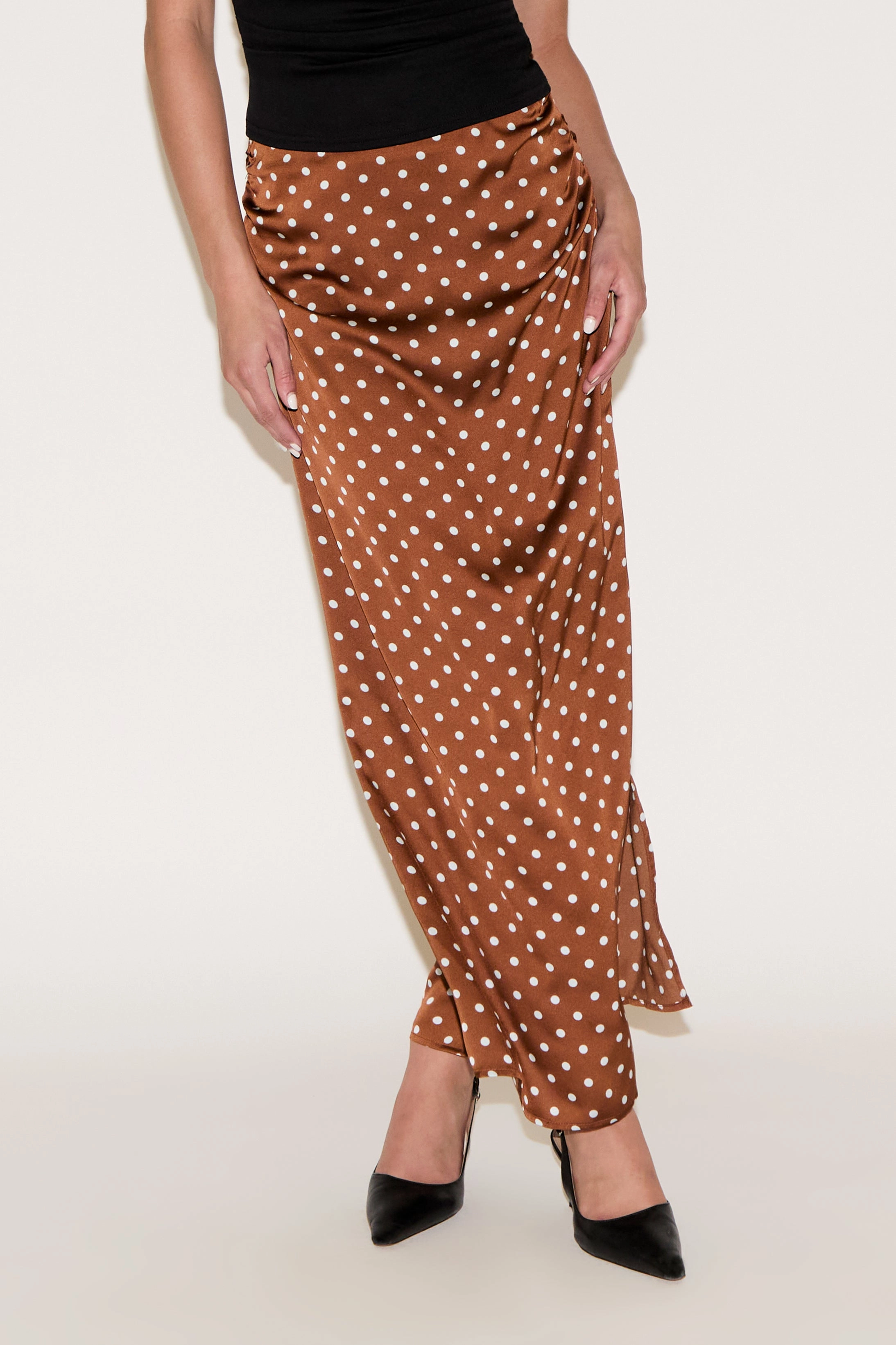 A Line Cut POLKA DOT PRINT RUCHED SATIN MAXI SKIRT