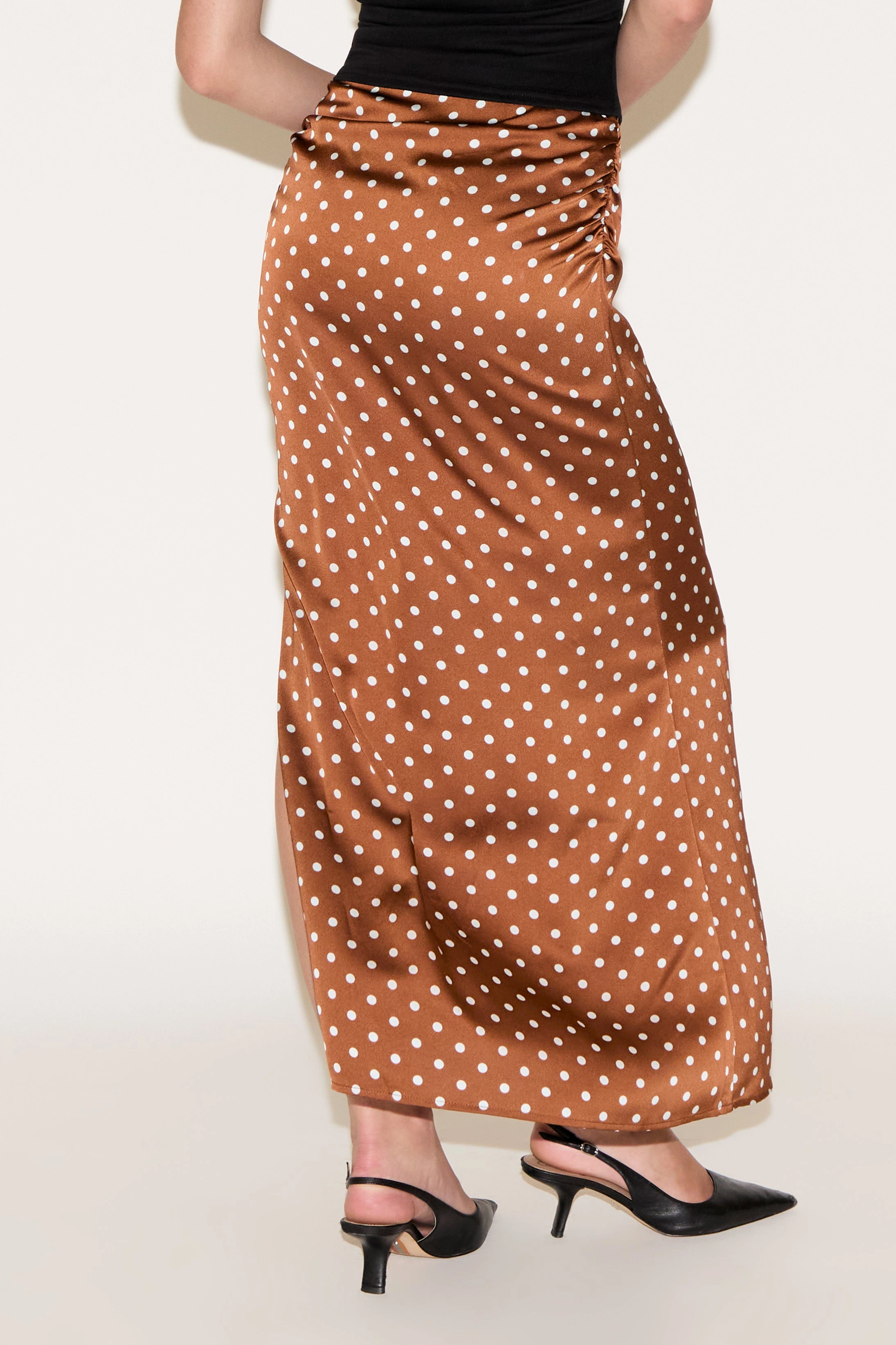 POLKA DOT PRINT RUCHED SATIN MAXI SKIRT Soft Touch Crisp Finish