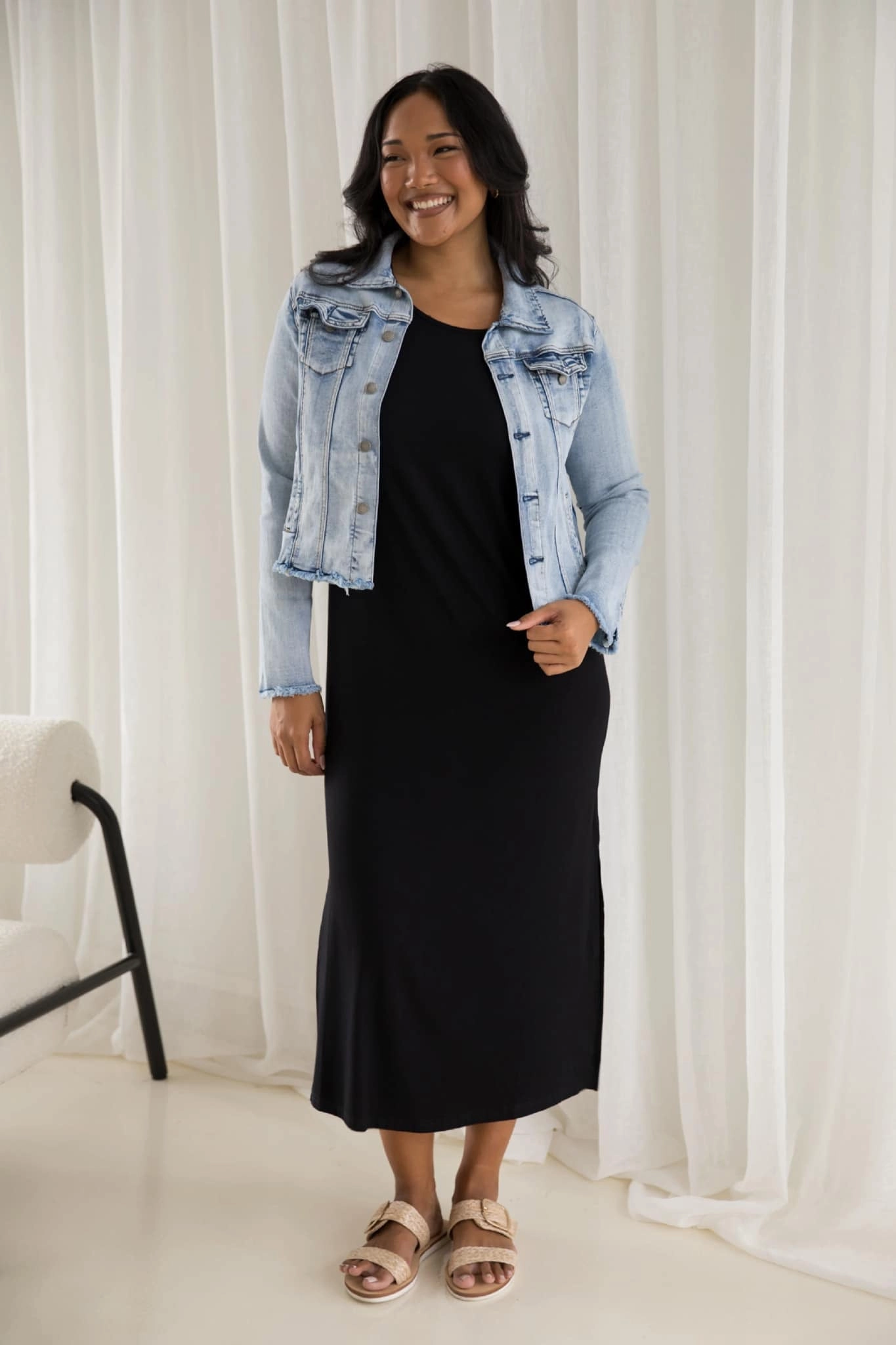 PQ Collection Frayed Hem Denim Jacket Comfort Flex Fit Low Maintenance Fabric